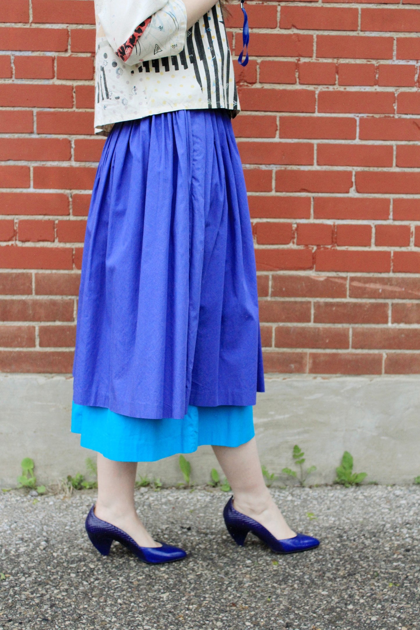 Vintage 1980s Laurèl by Escada Two Tone Blue Full Gathered Cotton Skirt, Small