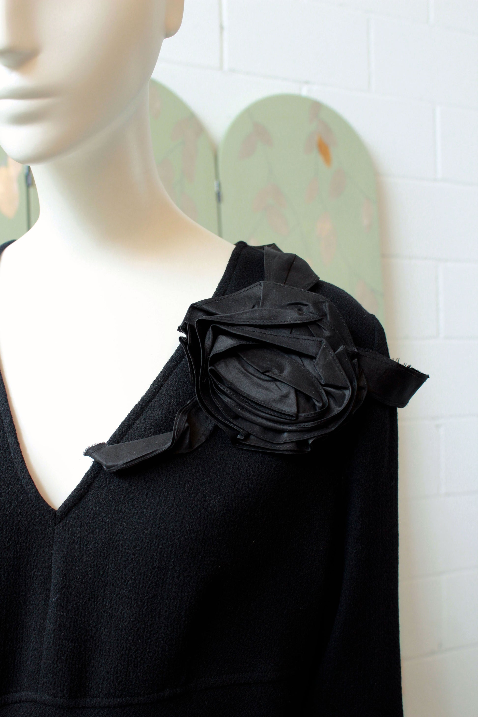 Vintage 1990s Black 3/4 Sleeve Wool Dress With Flower Detail, Rickie Freeman for Toni Jon, Medium