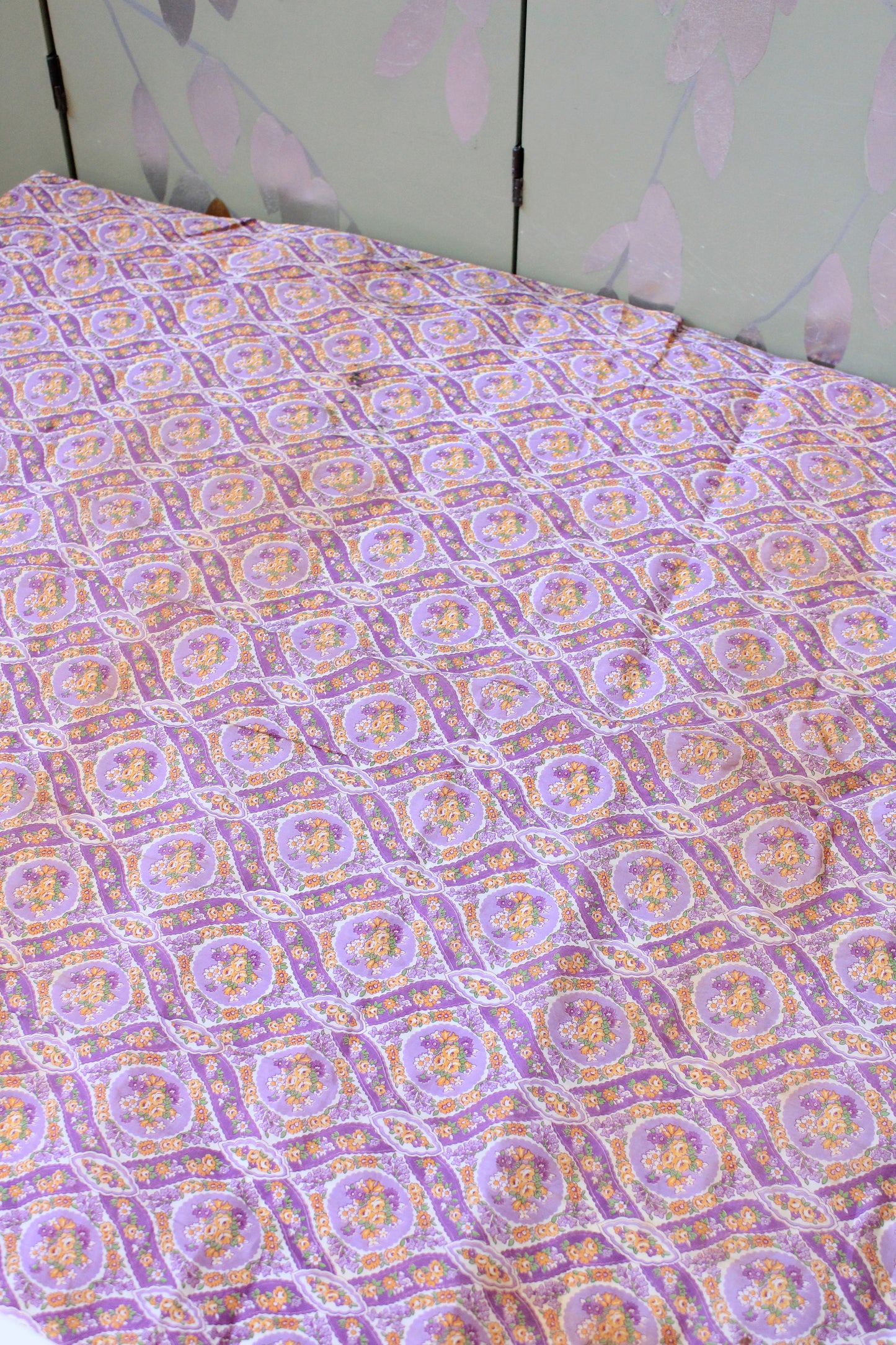1930s Purple Cotton Sewing Fabric With Orange Flowers , 3.4 Yards