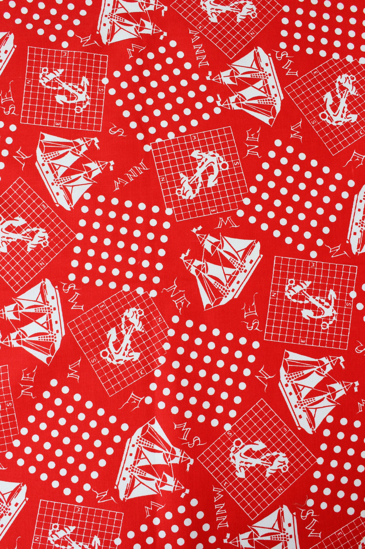 1980s Red And White Sailboat/Anchor Nautical Cotton Vintage Print Fabric, 4 Yards