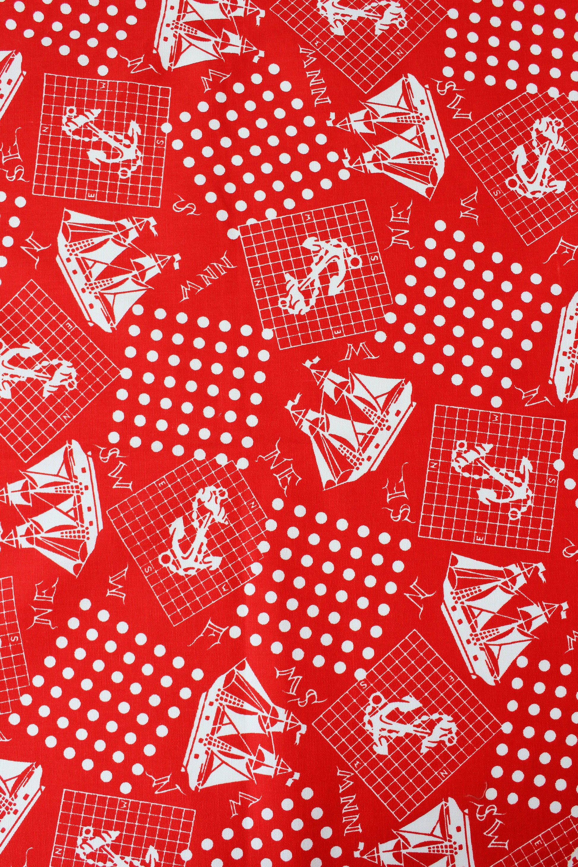 1980s Red And White Sailboat/Anchor Nautical Cotton Vintage Print Fabric, 4 Yards
