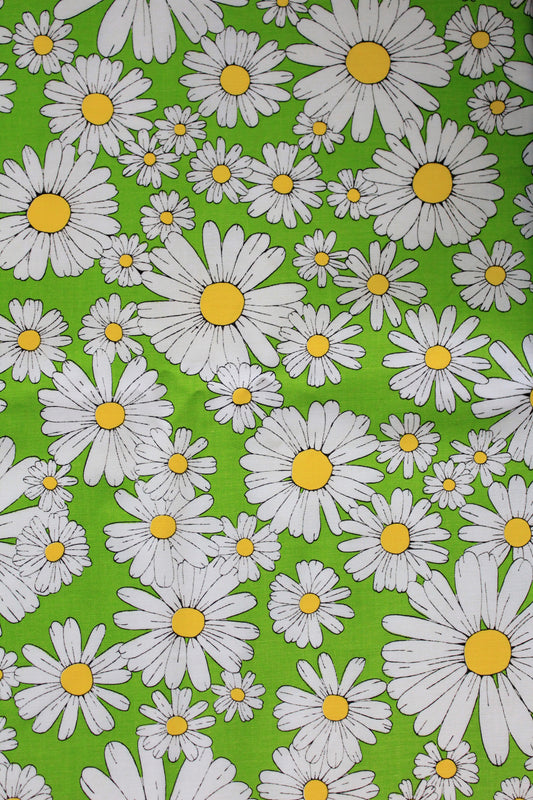 1960s Lime Green Cotton Sewing Fabric With Daisy Flowers , 3.8 Yards