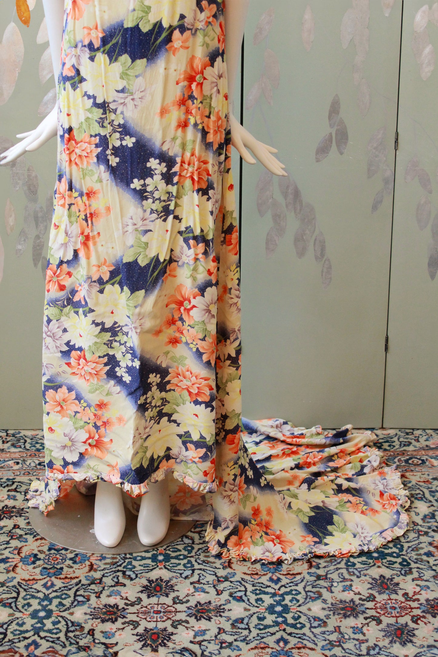 1930s Bias Cut Yellow And Orange Floral Gown With Train, Small