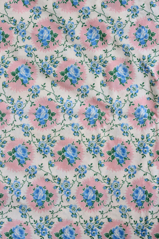 1950s Light Blue And Pink Floral Cotton Duvet Cover, 4.4 Yards Of Fabric