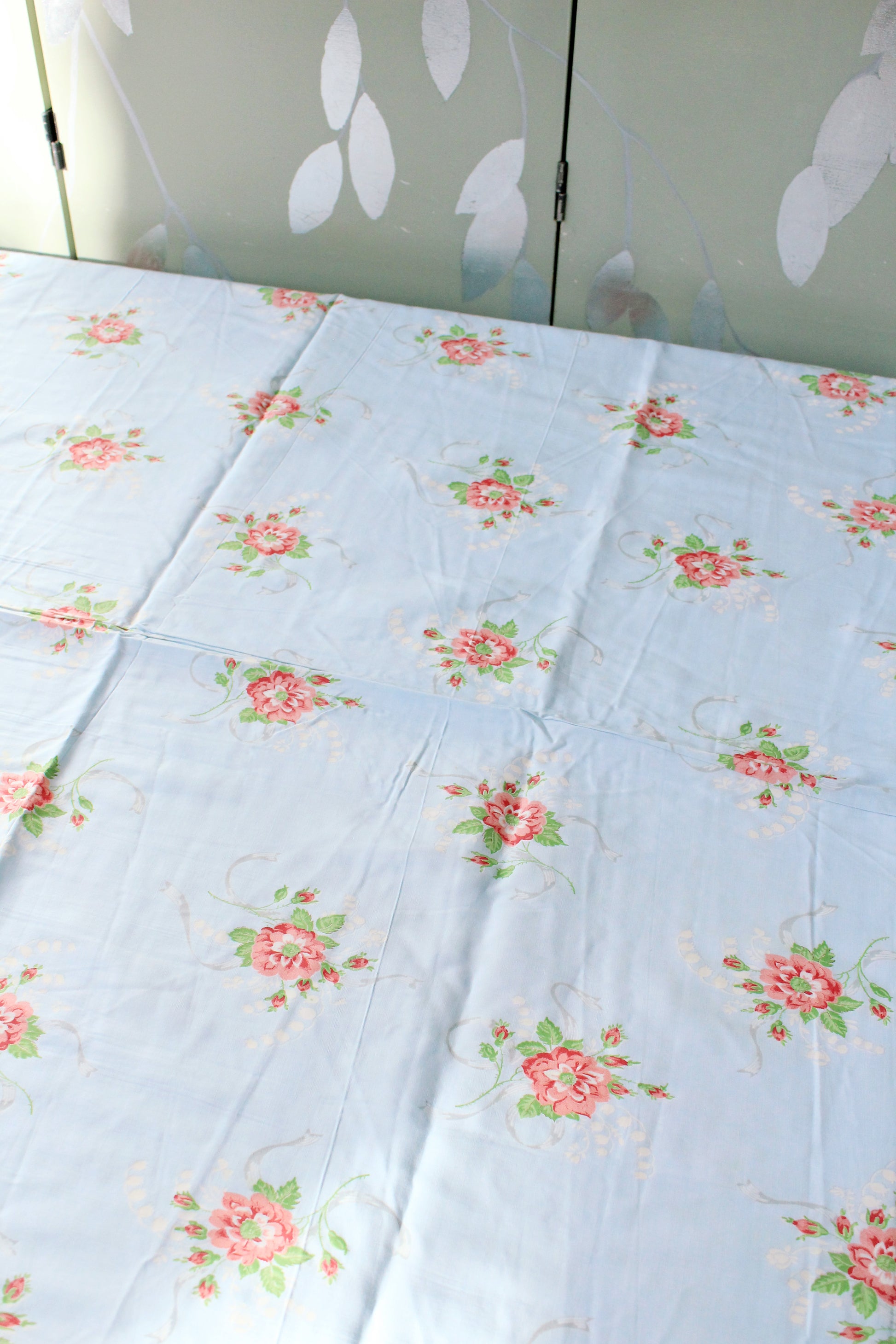 1940s Light Blue Cotton Fabric With Pink Flowers, 9 Yards