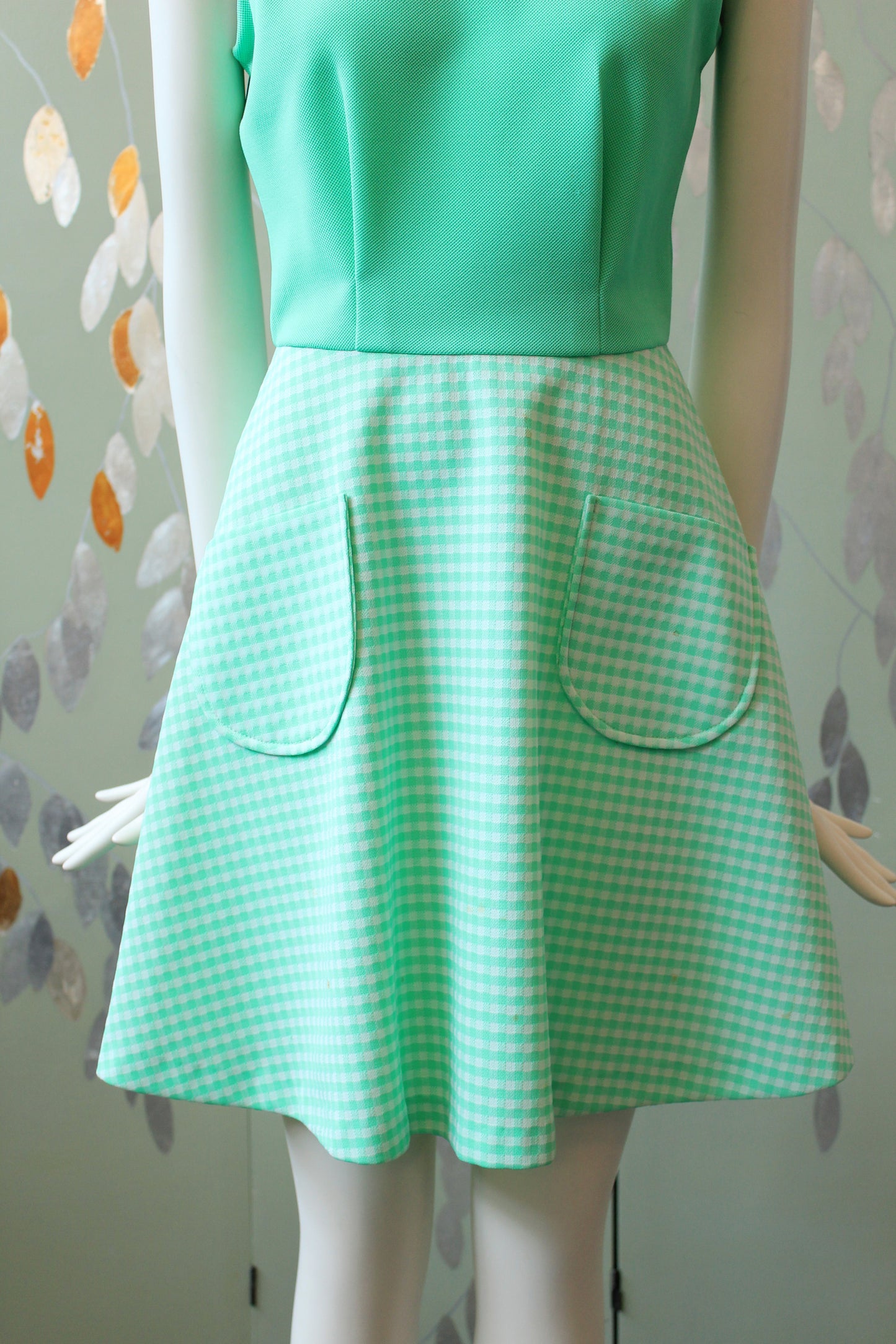 1970s Lacoste Bright Green Sleeveless Tennis Dress With Flared Gingham Skirt, Small