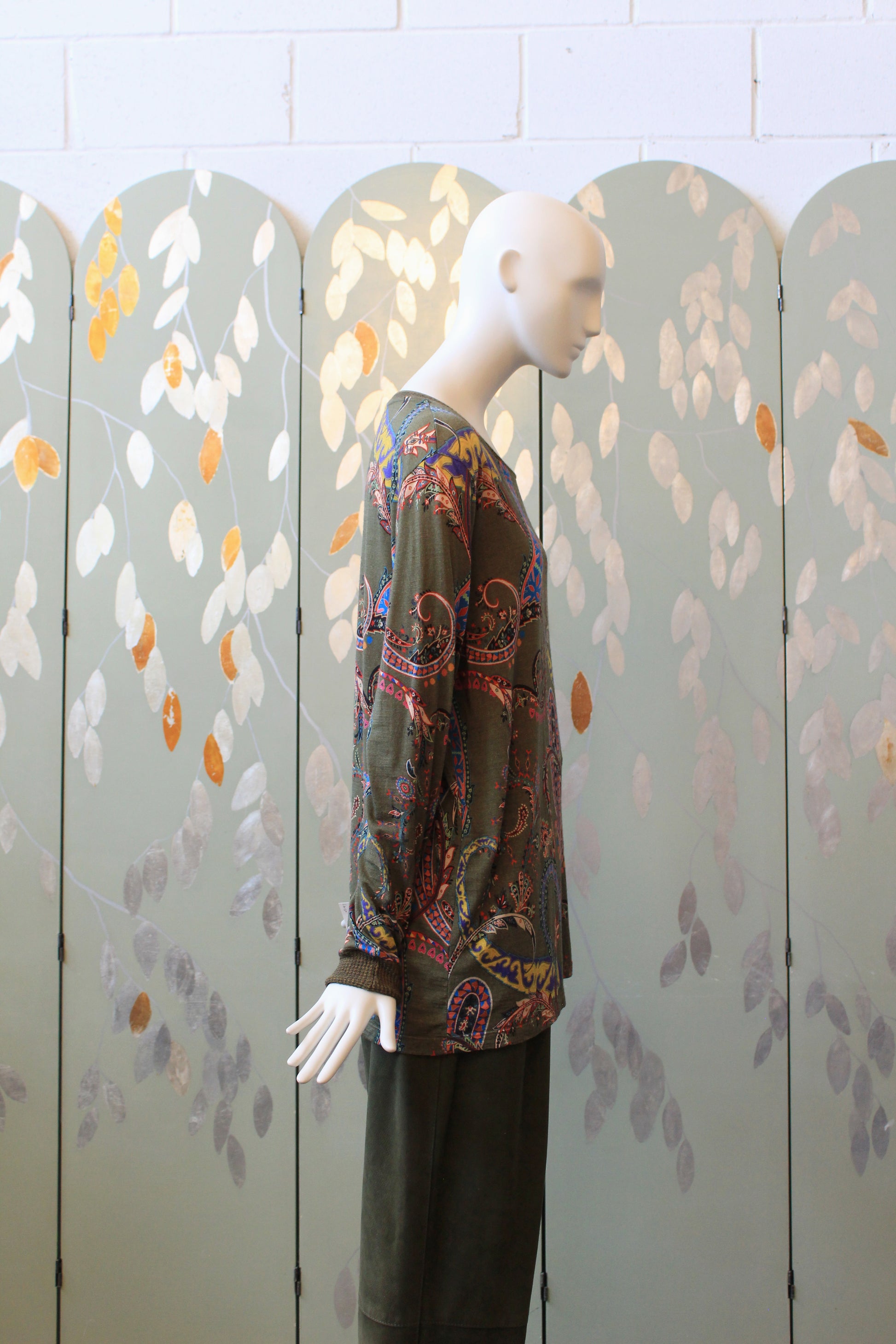  Early 2000s Olive Green Etro Long Sleeve Paisley Print Cotton Long Sleeve Top, Large