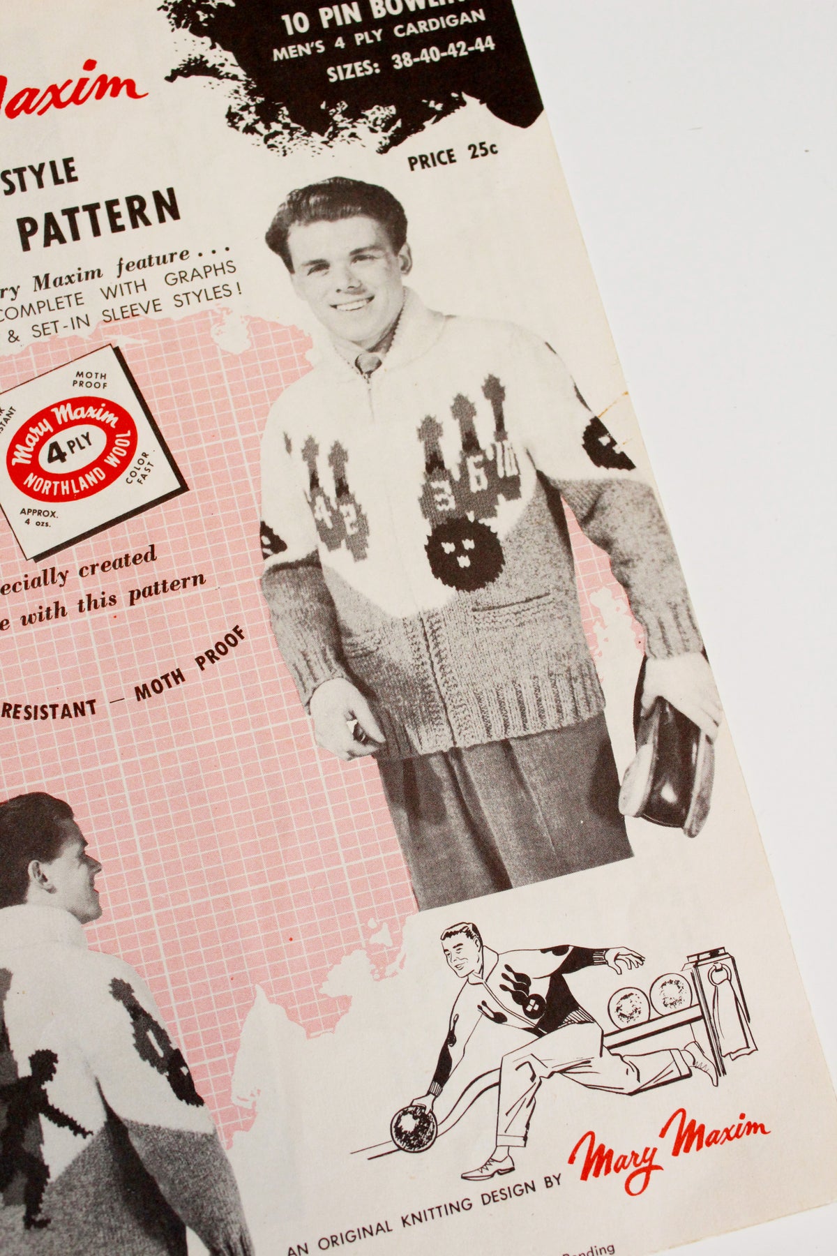 1950s Mary Maxim Mens 4 ply Kitting Pattern 440, 10 Bowling Pin Cardigan 