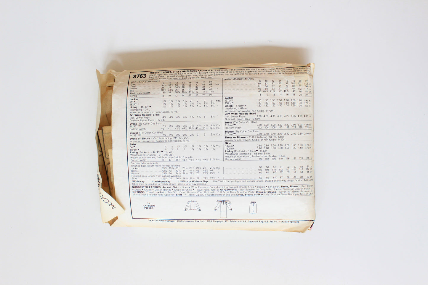 Early 1980s Jacket, Dress, Blouse And Skirt McCall's 8763 Sewing Pattern, Cut - Complete Size 22