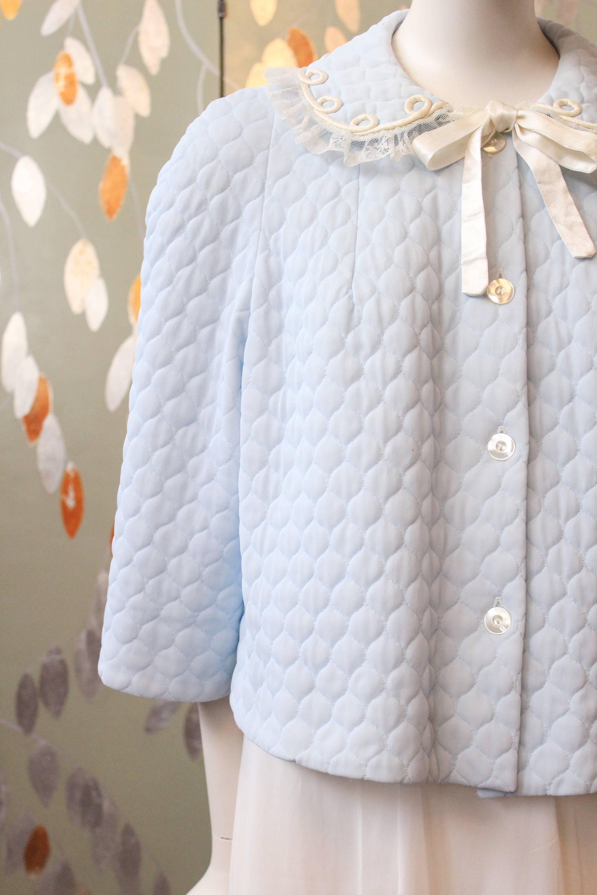 1960s Light Blue Quilted Bed Jacket With Collar, S/M