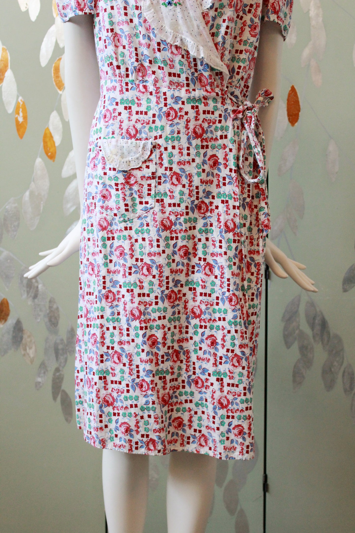 1940s  Floral Cotton Wrap House Dress With Embroidery, Medium