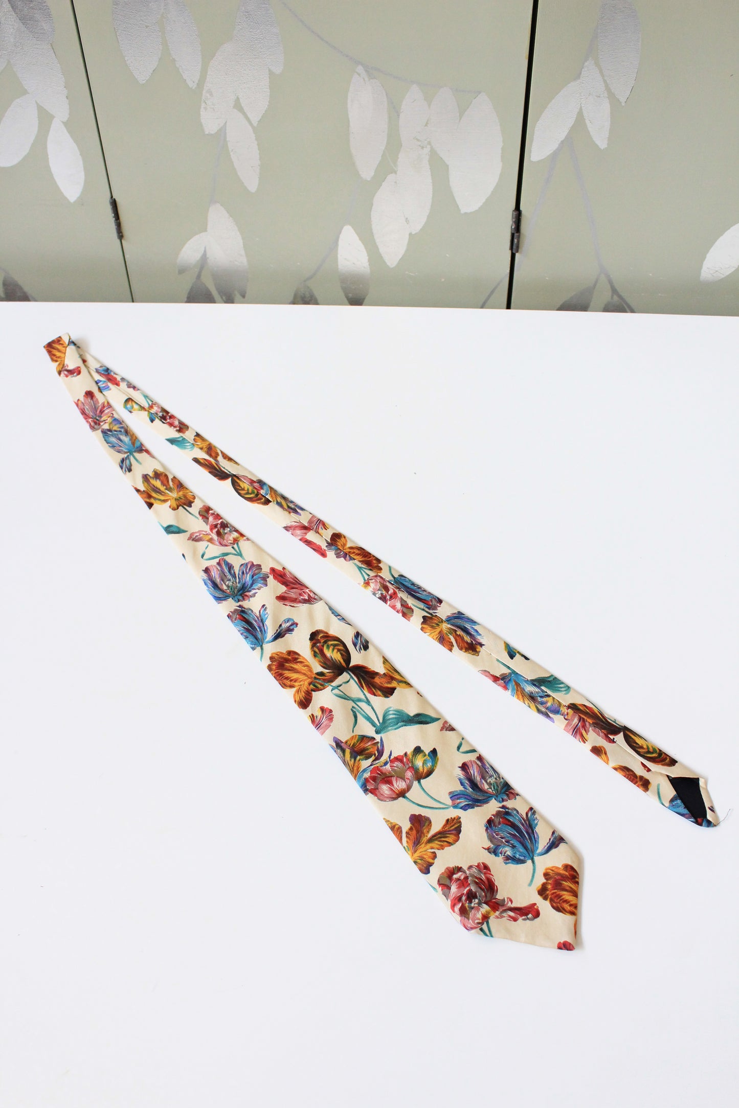 1990s YSL Multicoloured Flowers Silk Designer Tie With Ivory Base