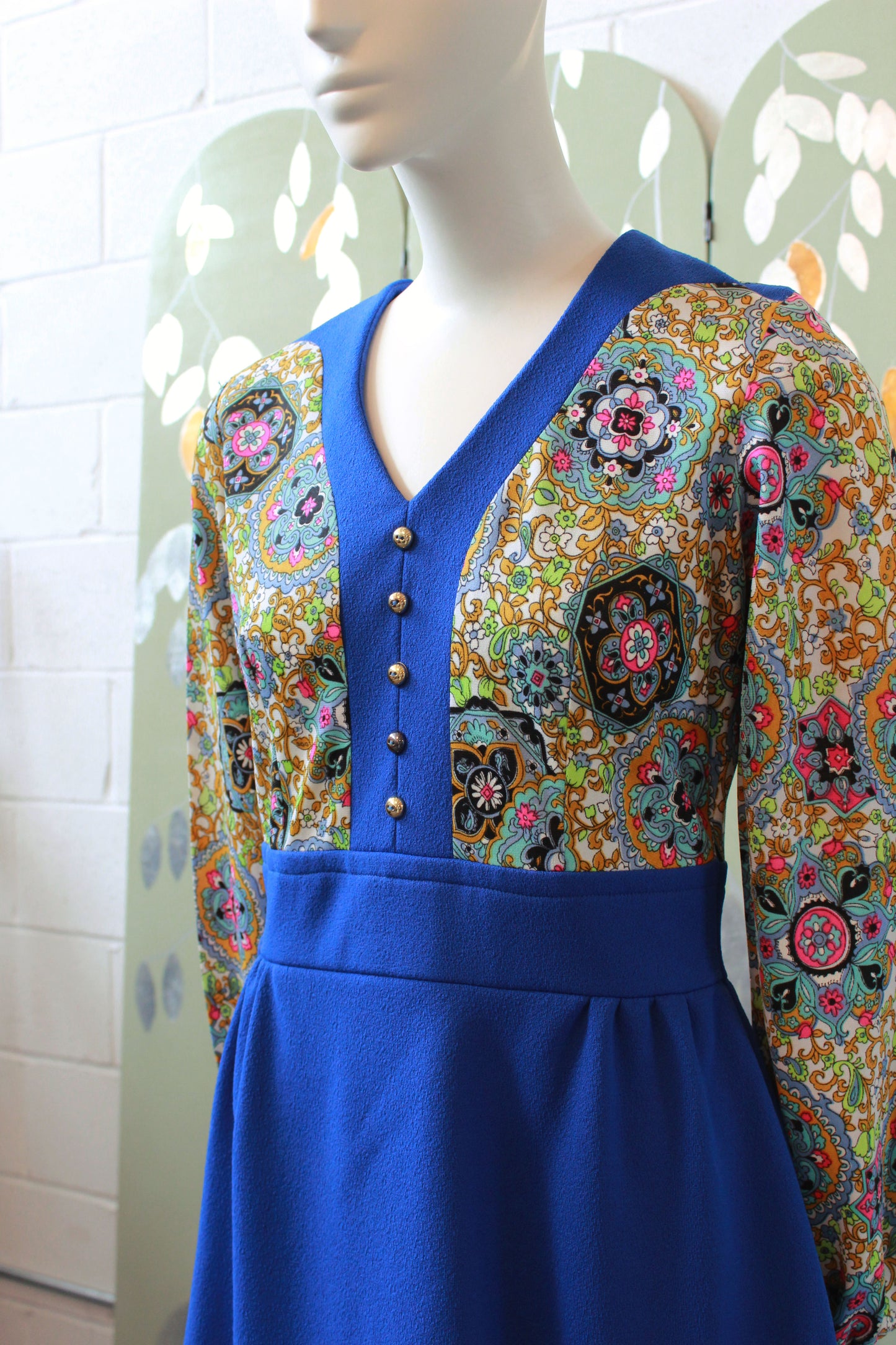 Vintage 1970s Psychedelic Royal Blue Empire Waist Dress, Small