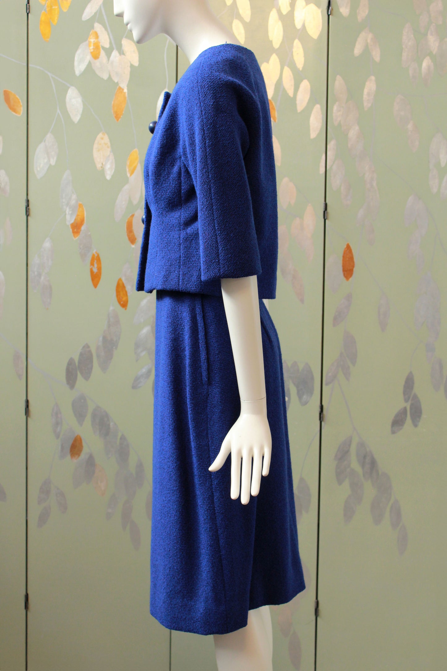 Vintage 1960s Royal Blue Mod Skirt Set With Round Buttons, Small