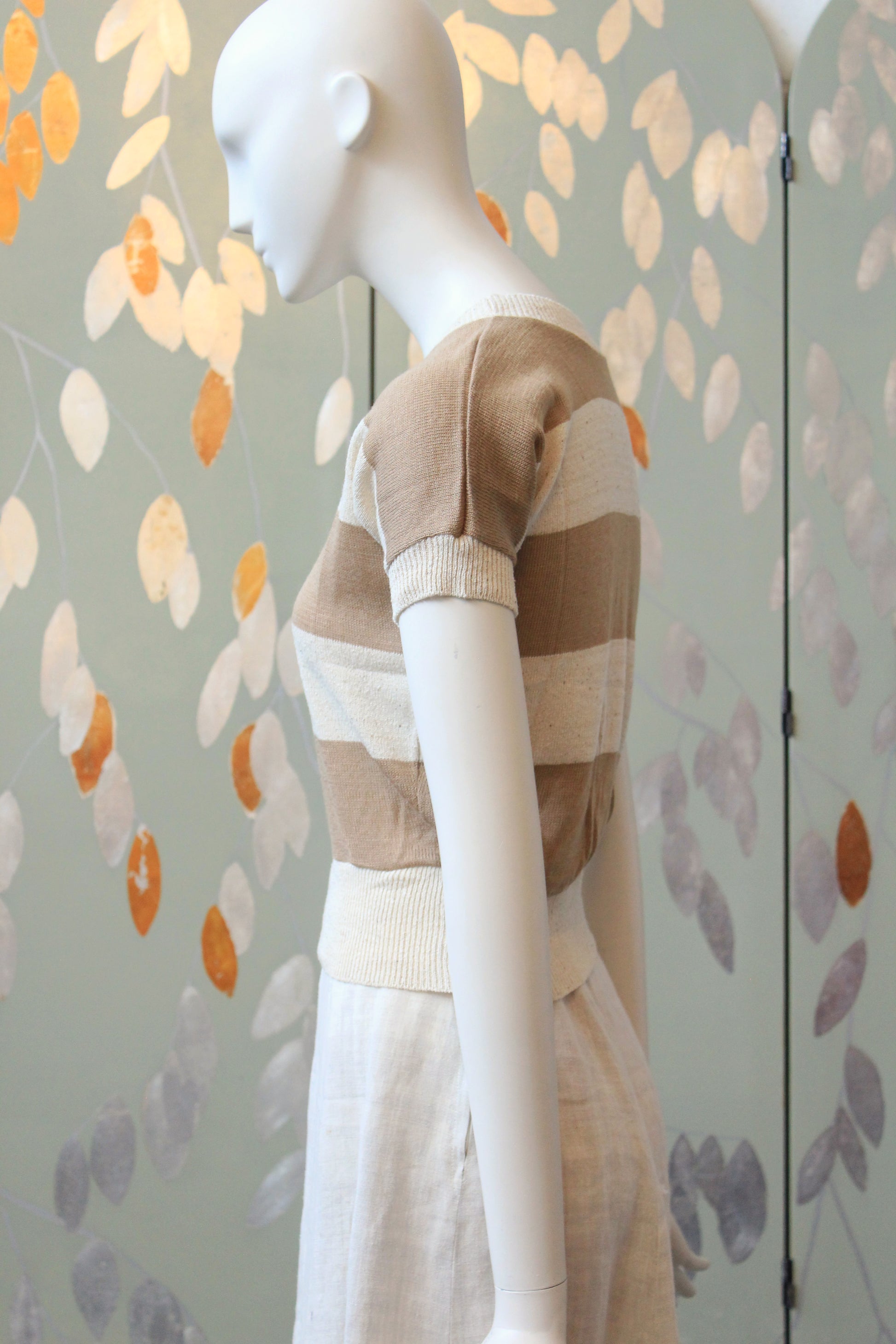 1980s Cream And Taupe Thick Stripe Deadstock Short Sleeve Knit Top, XS