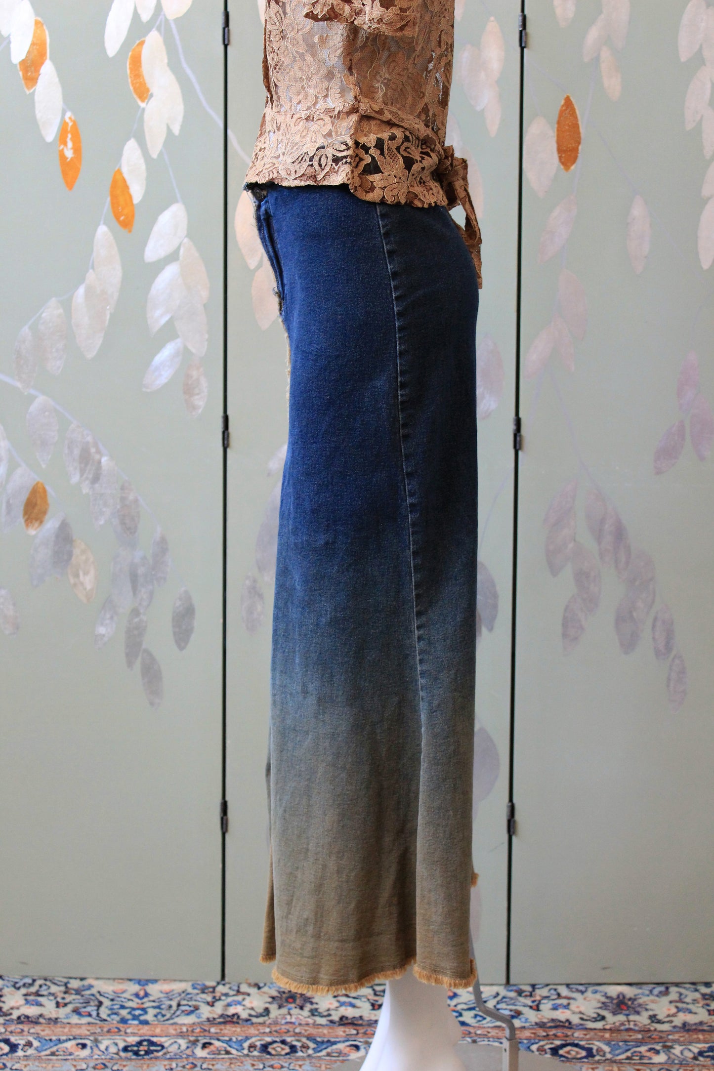 Early 2000s Dark Wash And Beige Ankle Length Skirt, Large