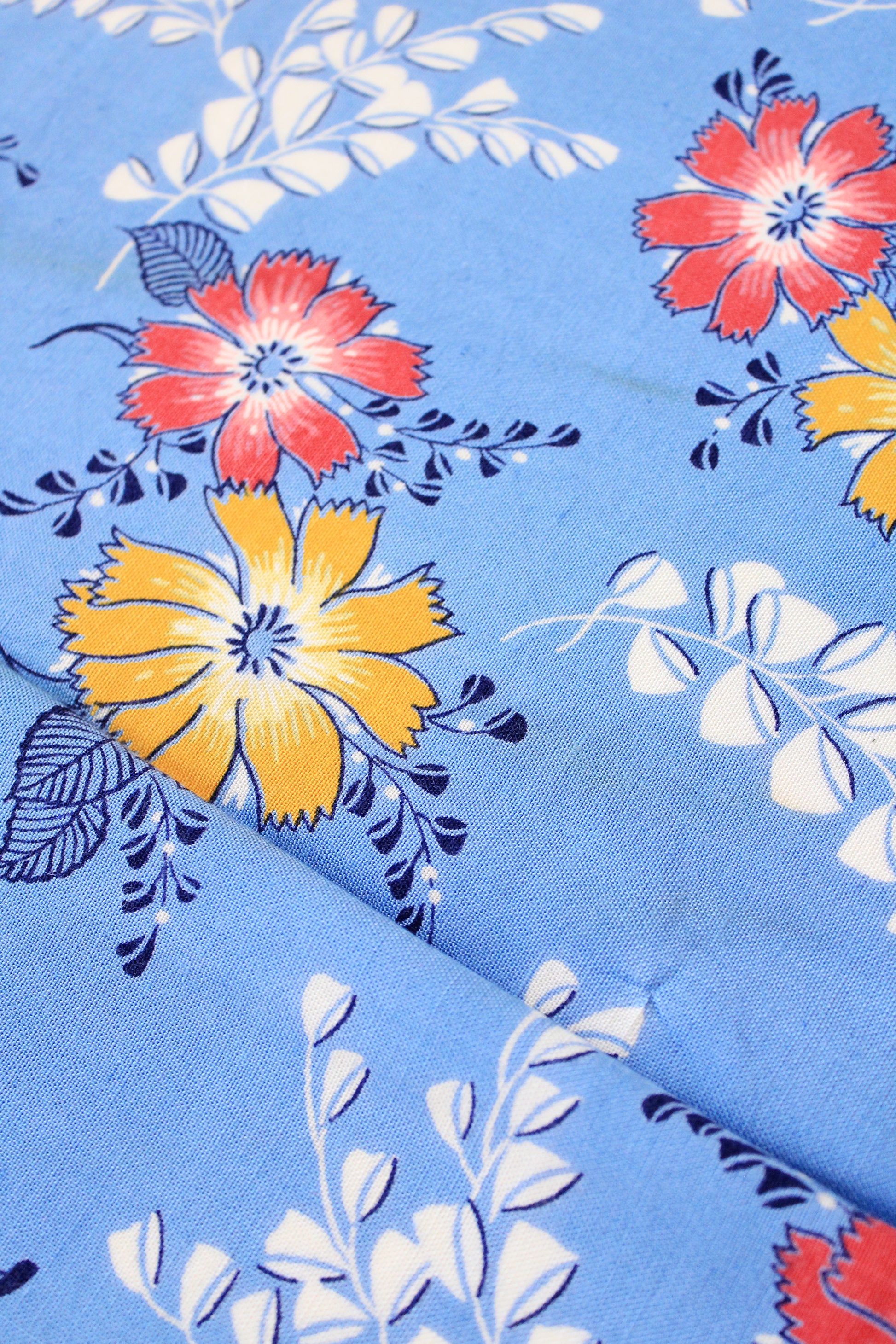 1940s Medium Blue With Red And Yellow Tropical Flowers, Rayon Fabric, 8 Yards