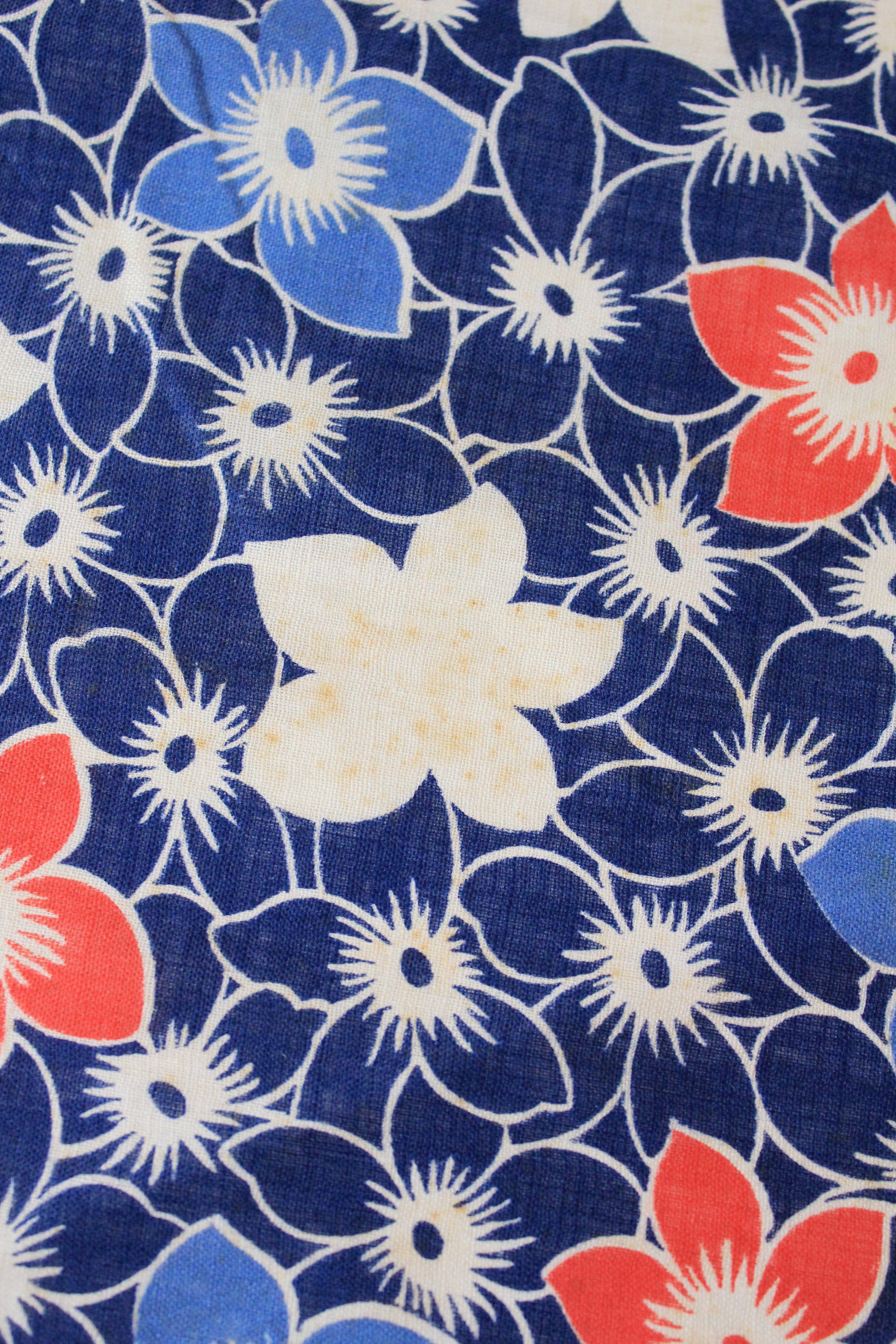 1940s Blue/White/Orange Repeating Flower Cotton Fabric, 6.75 Yards