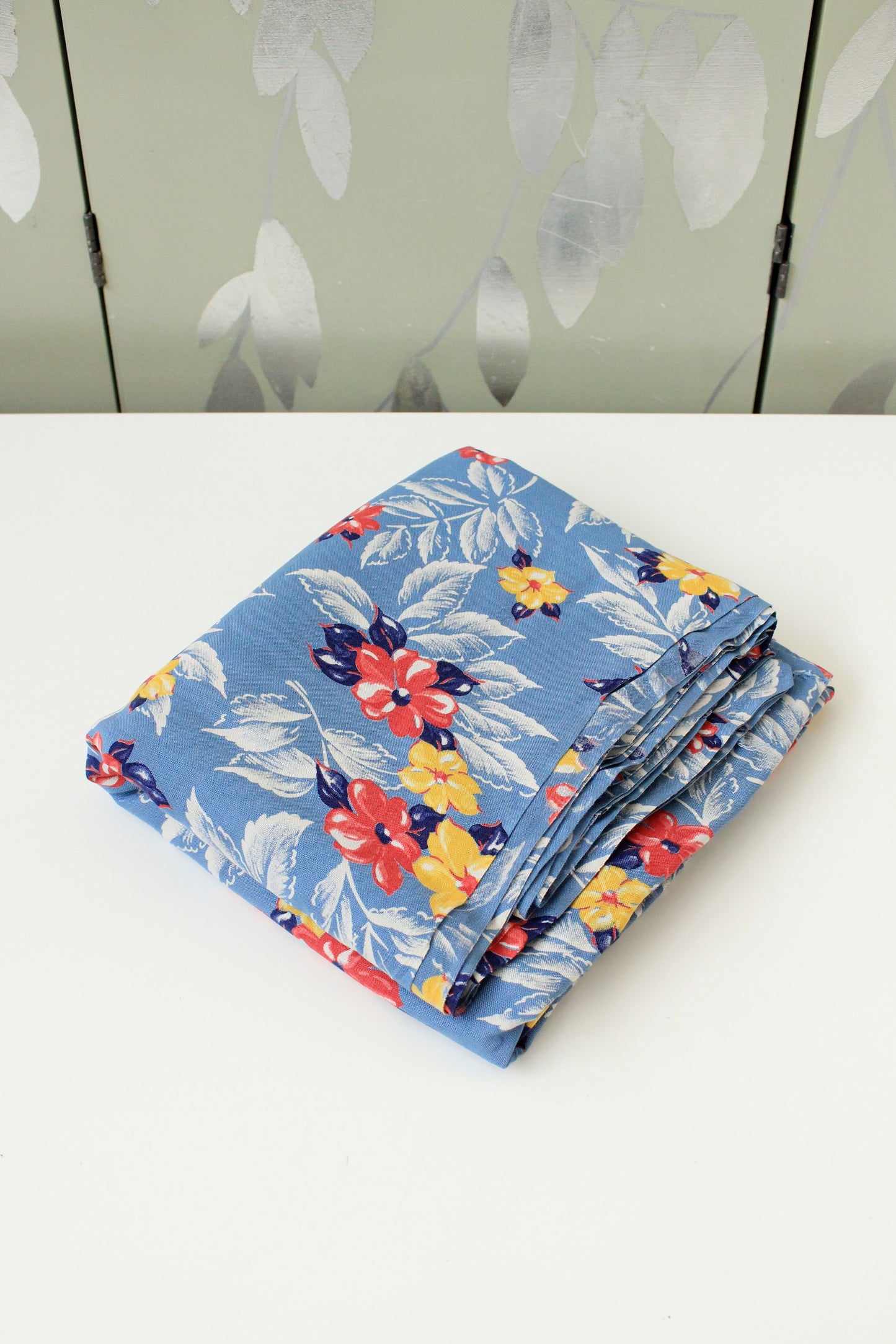 1940s Light Blue Rayon Fabric With Red And Yellow Tropical Flowers, 6.5 Yards