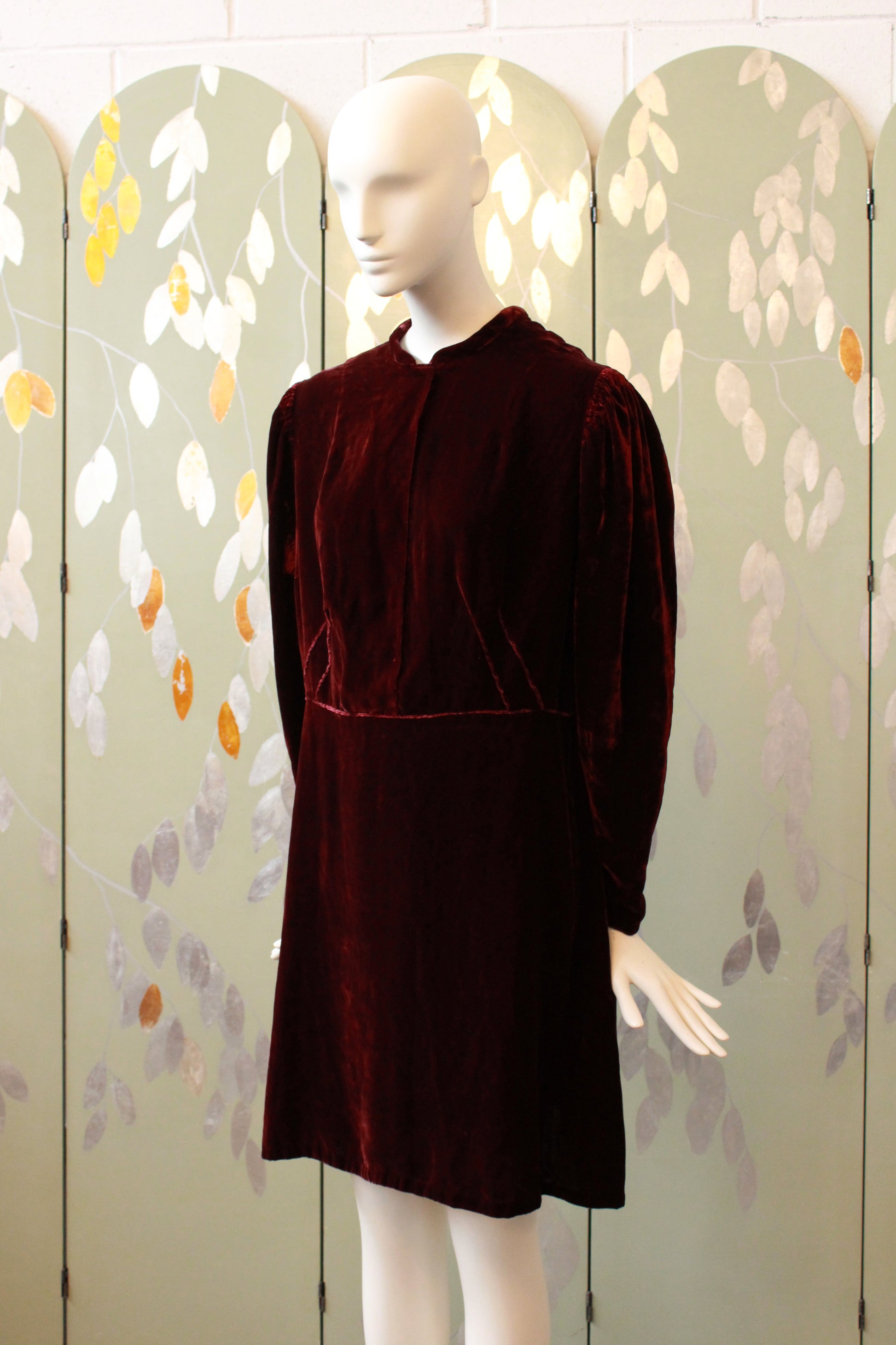 Vintage Late 1930-Early 1940s Deep Red Maroon Velvet Dress, L-XL