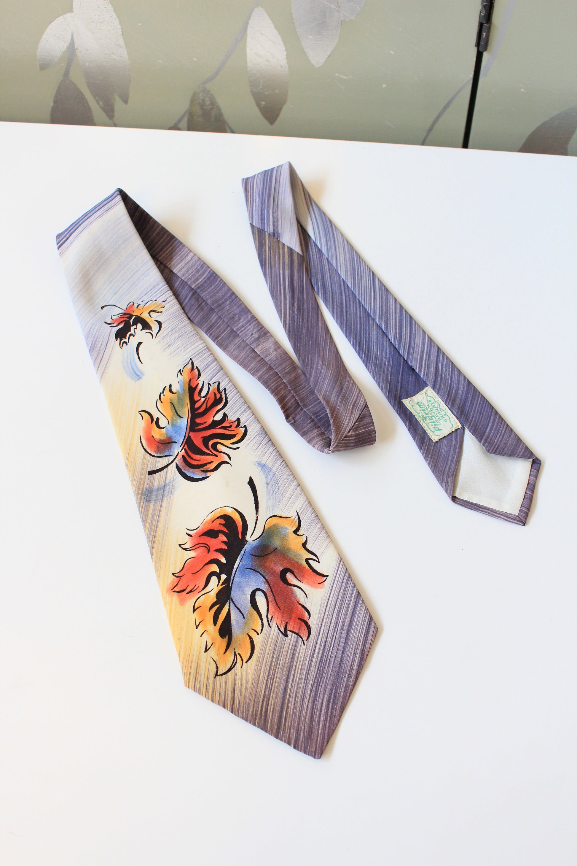 Vintage 1950s Purple And Yellow Fall Leaf Hand-Painted Tie