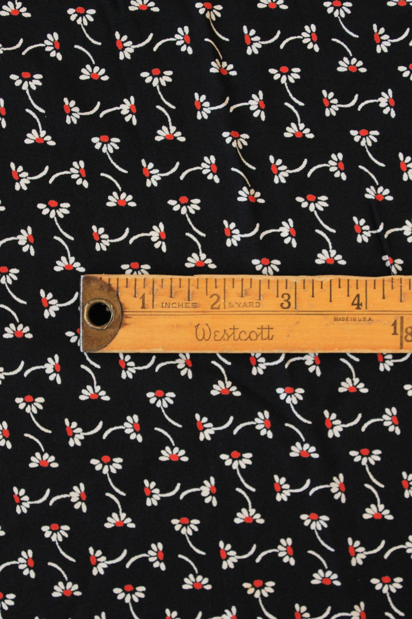 1930s Navy Blue And White With Red Flowers Rayon Fabric, 3 Yards