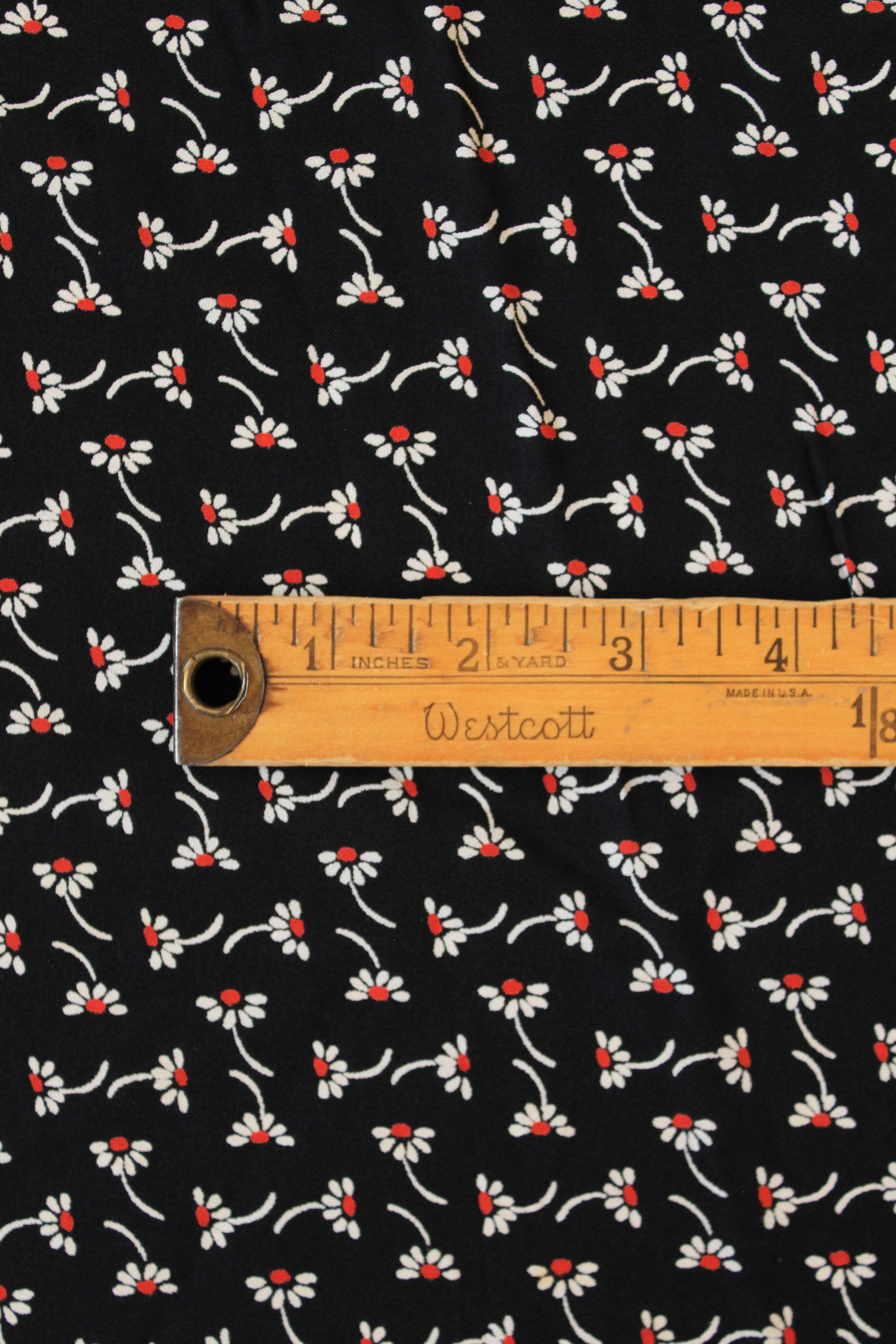 1930s Navy Blue And White With Red Flowers Rayon Fabric, 3 Yards