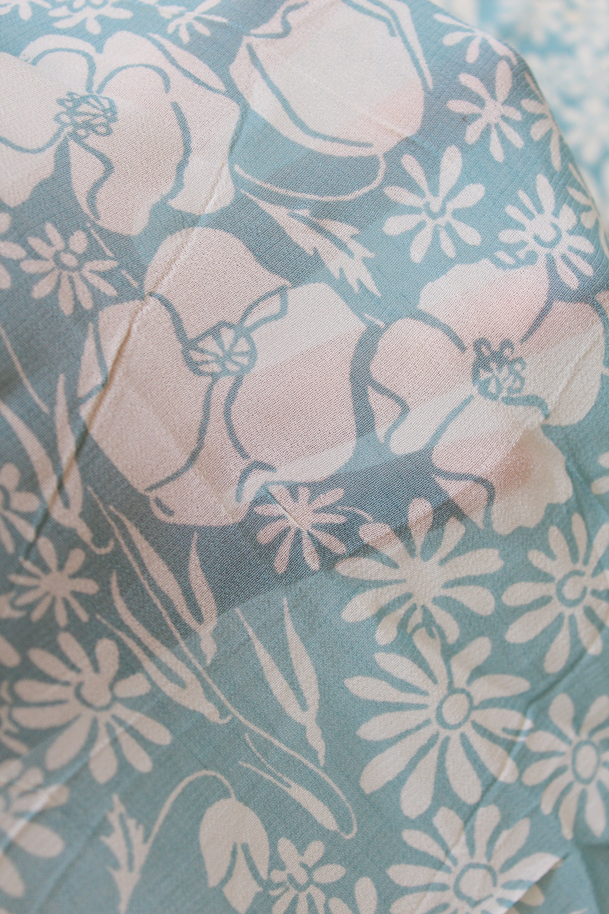 1940s Pastel Light Blue and White Feminine Floral Rayon Summer Fabric, 2.8 Yards