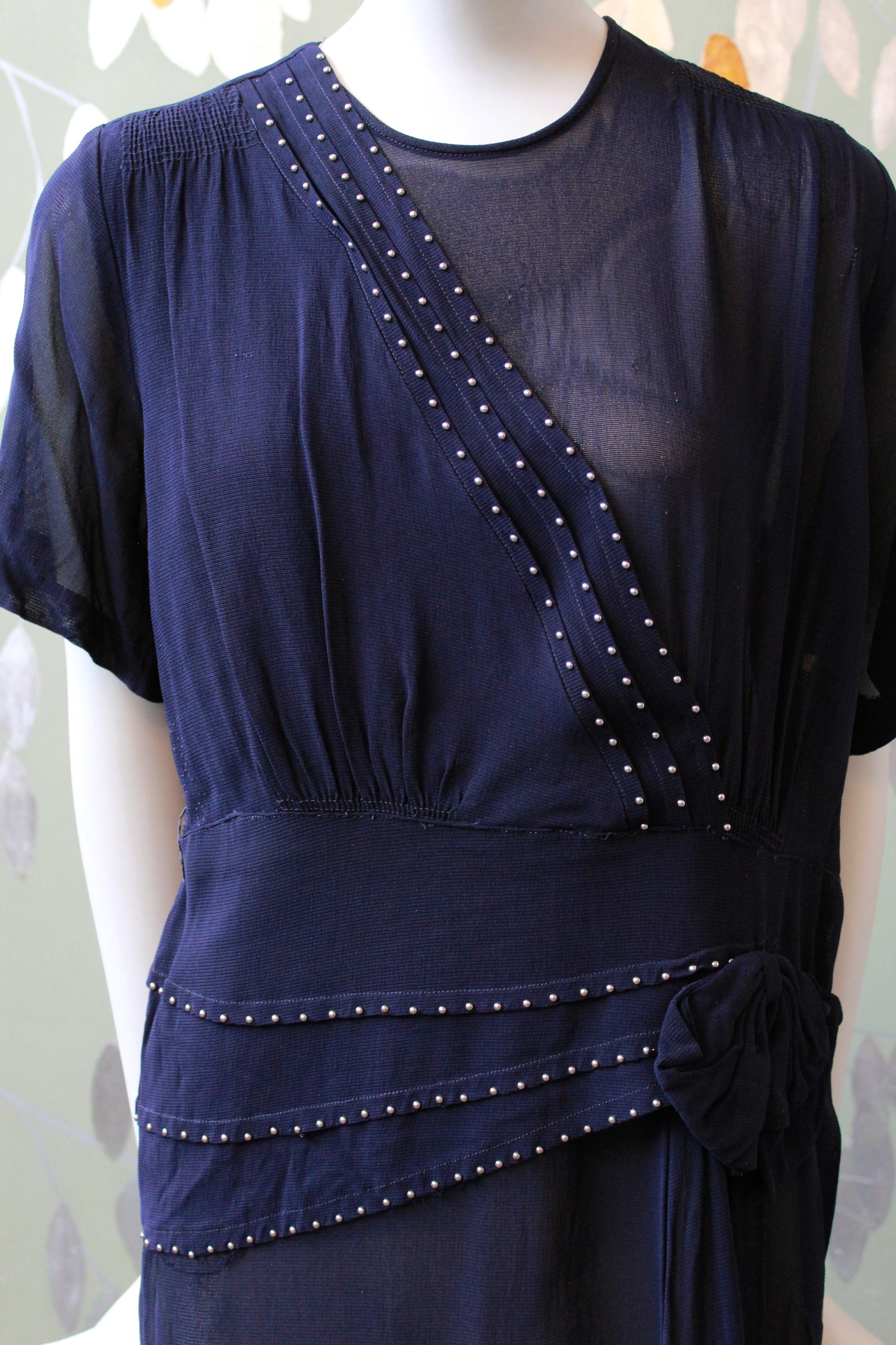 1940s Navy Blue Sheer Net Dress With Bow And Round Studs, Medium