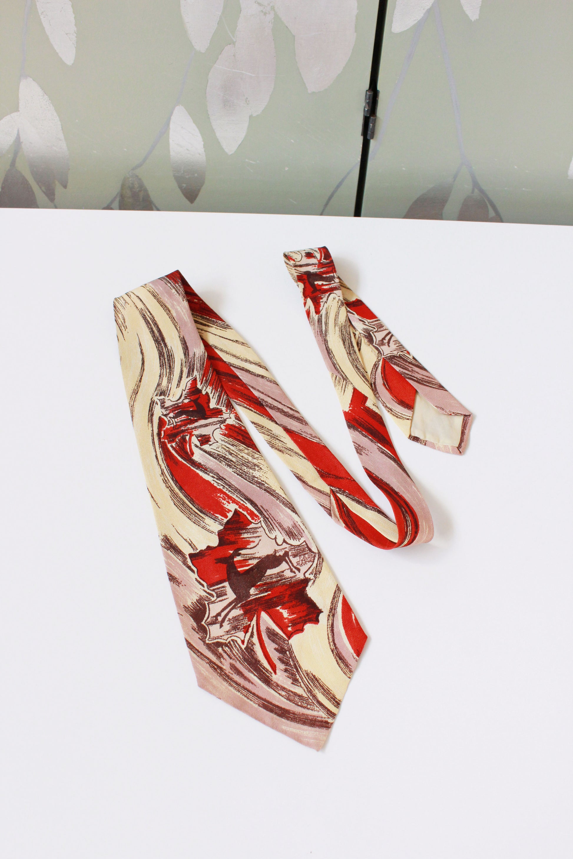 Vintage 1940s Abstract Deer Rayon Tie, Rhythmic Flight