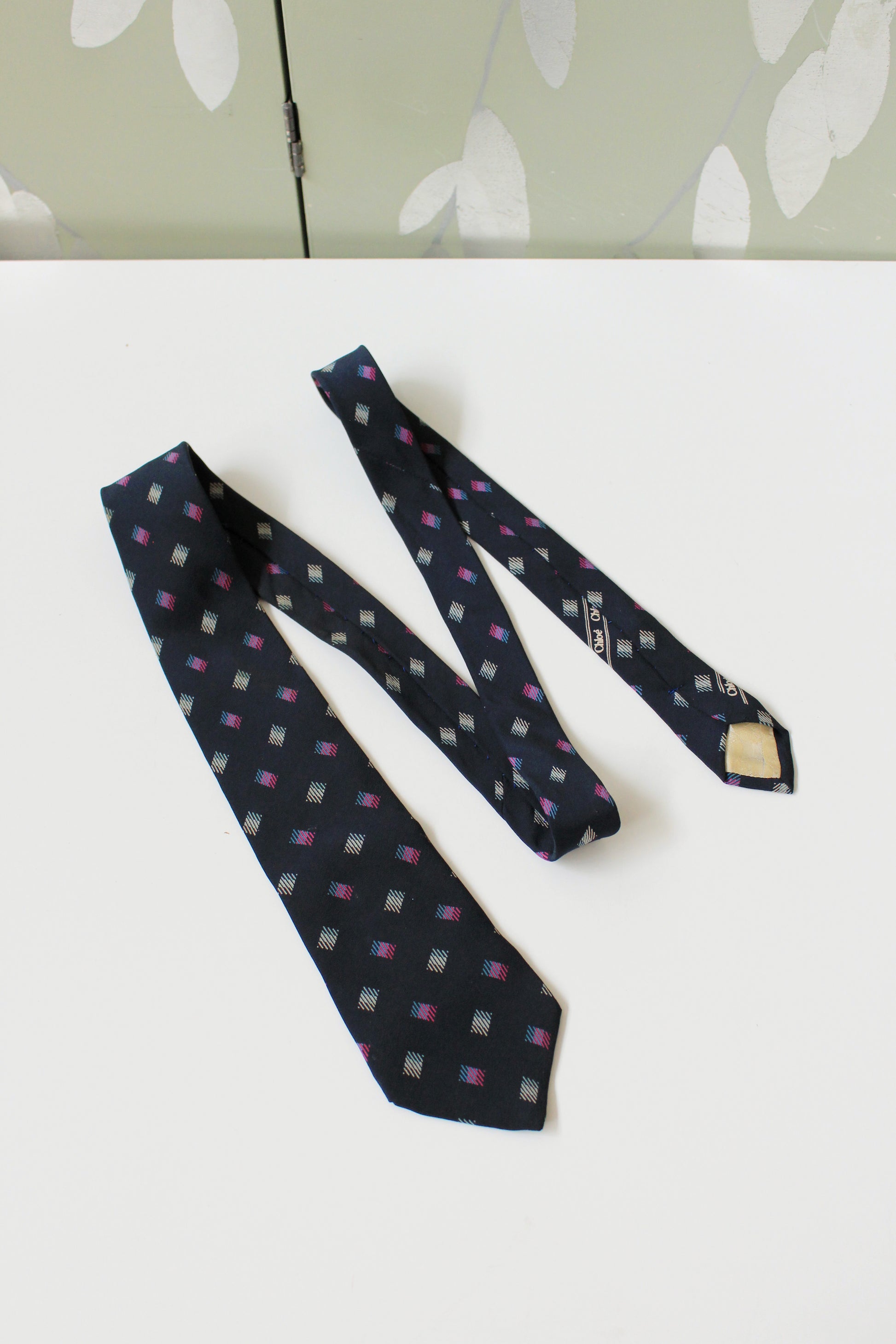 1980s Chloé Blue Square Polka Dot Silk Designer Tie