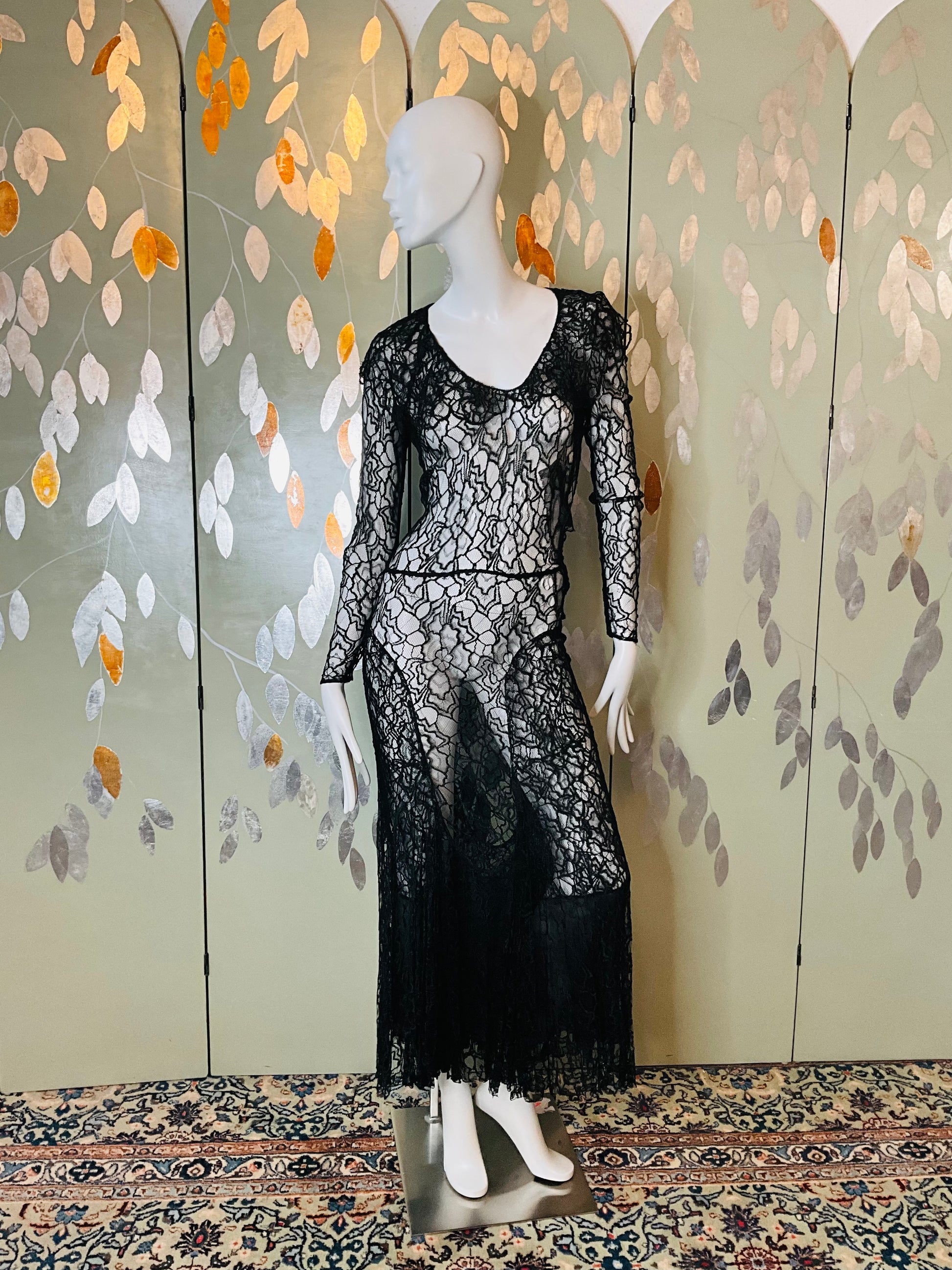 Vintage 1930s Long Sleeve Black Lace Bias Gown, Small