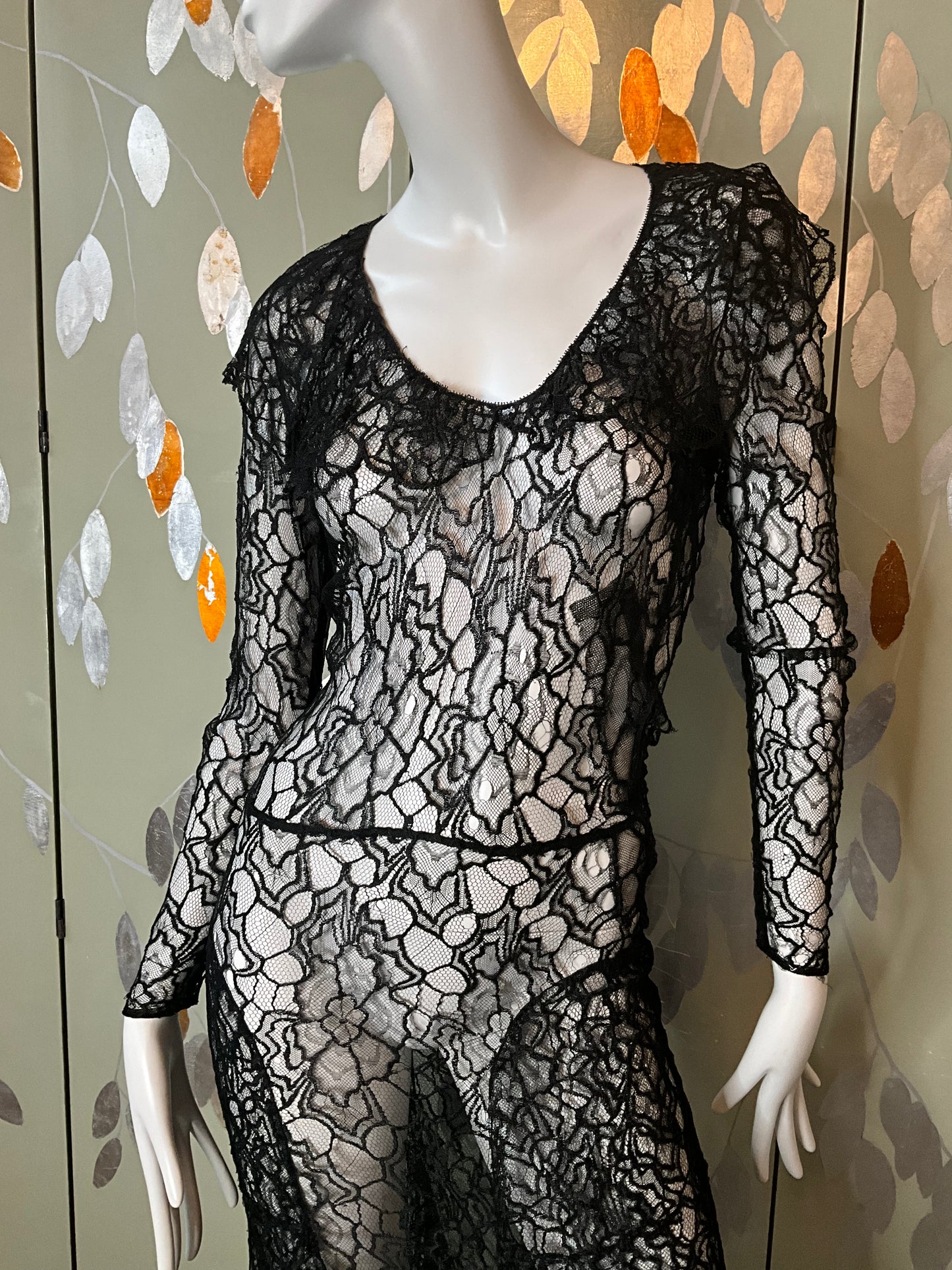 Vintage 1930s Long Sleeve Black Lace Bias Gown, Small