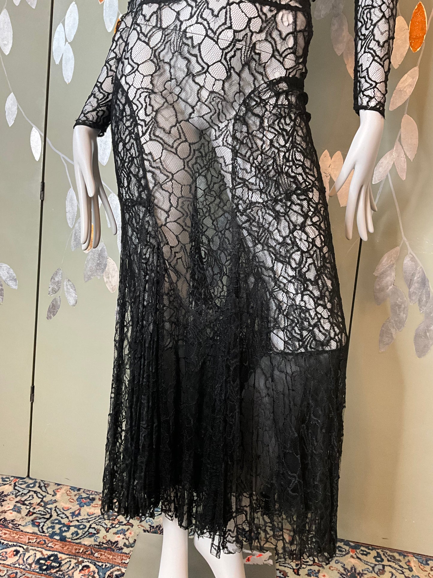 Vintage 1930s Long Sleeve Black Lace Bias Gown, Small