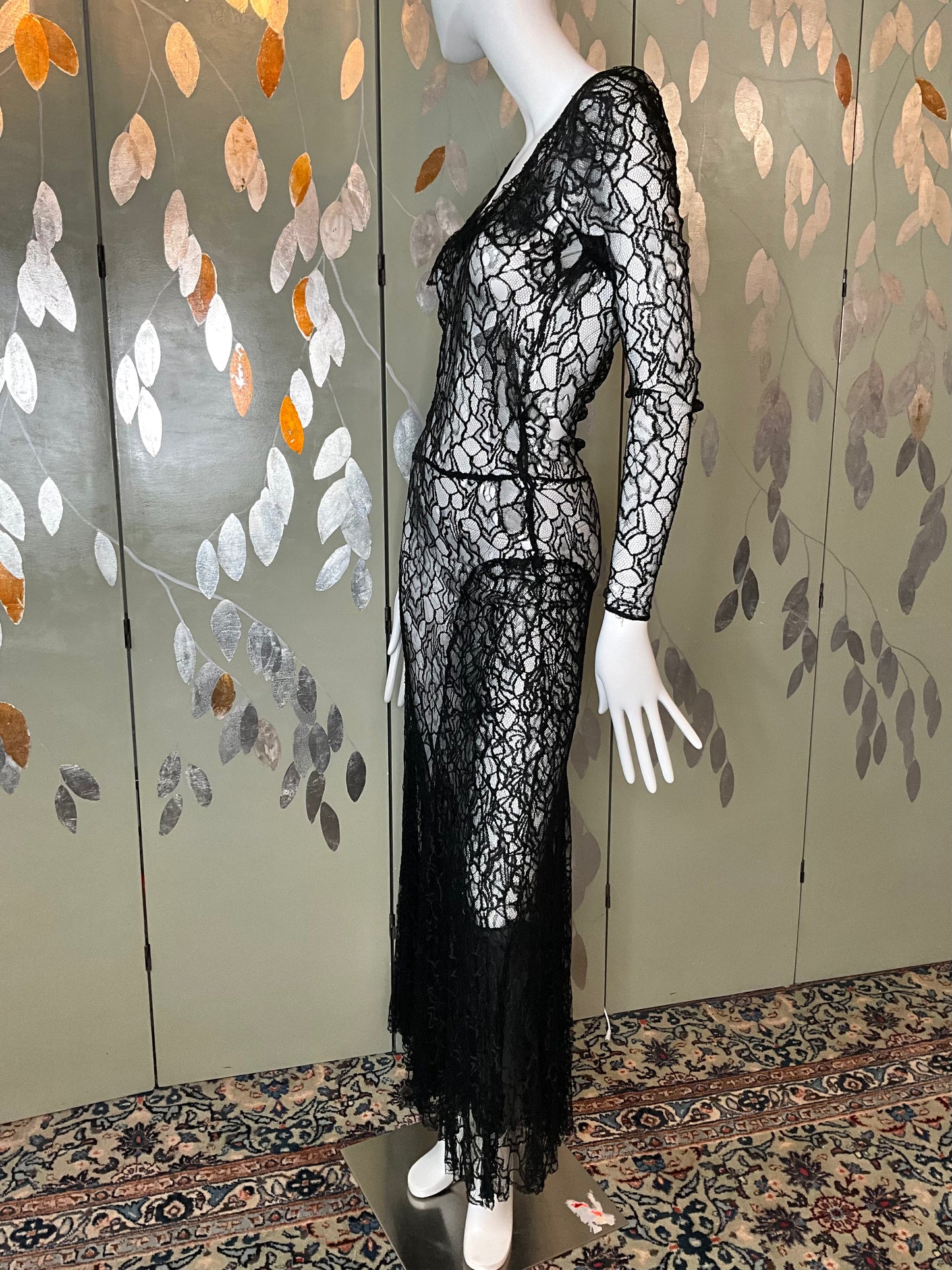 Vintage 1930s Long Sleeve Black Lace Bias Gown, Small