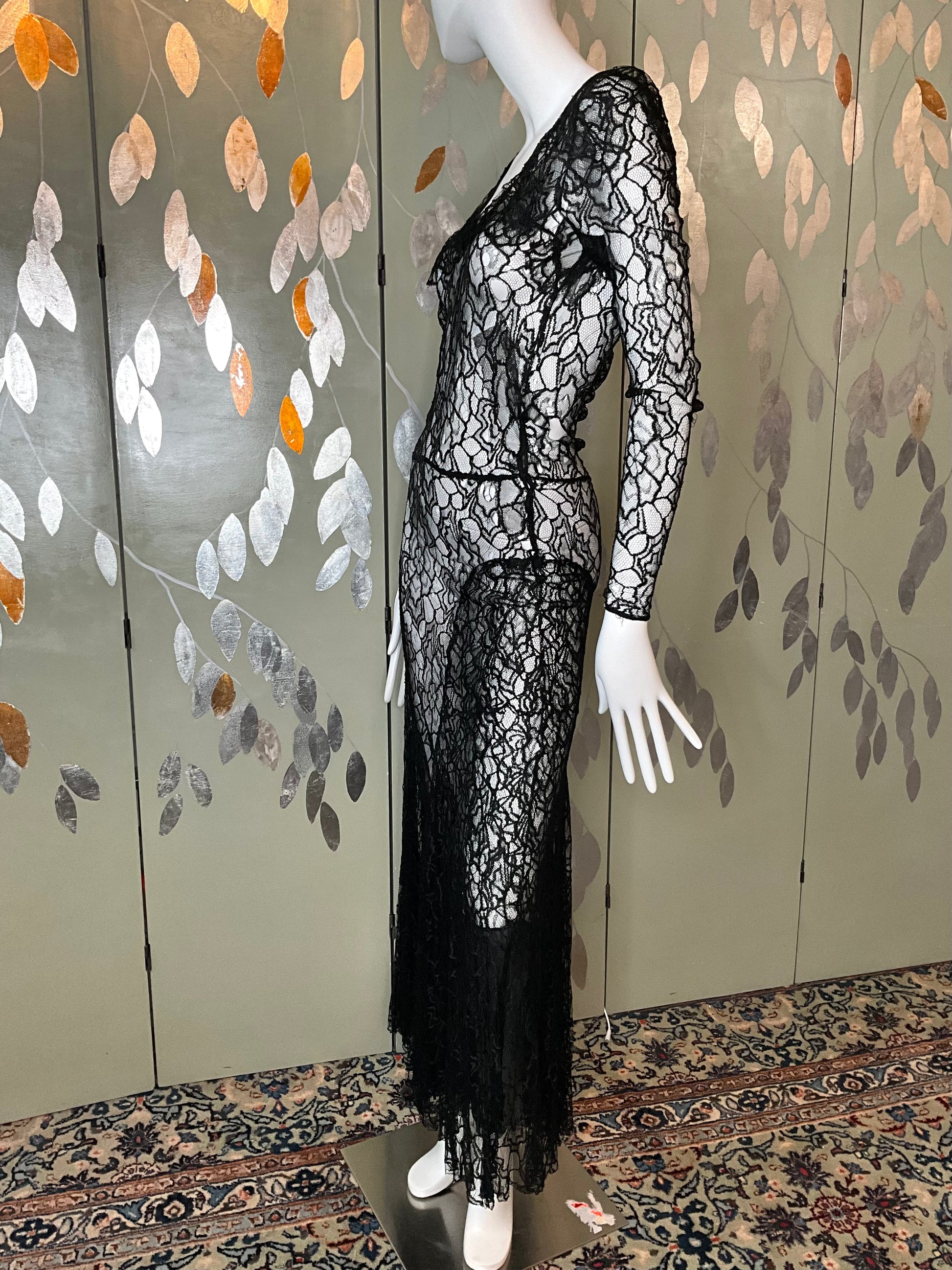 Vintage 1930s Long Sleeve Black Lace Bias Gown, Small