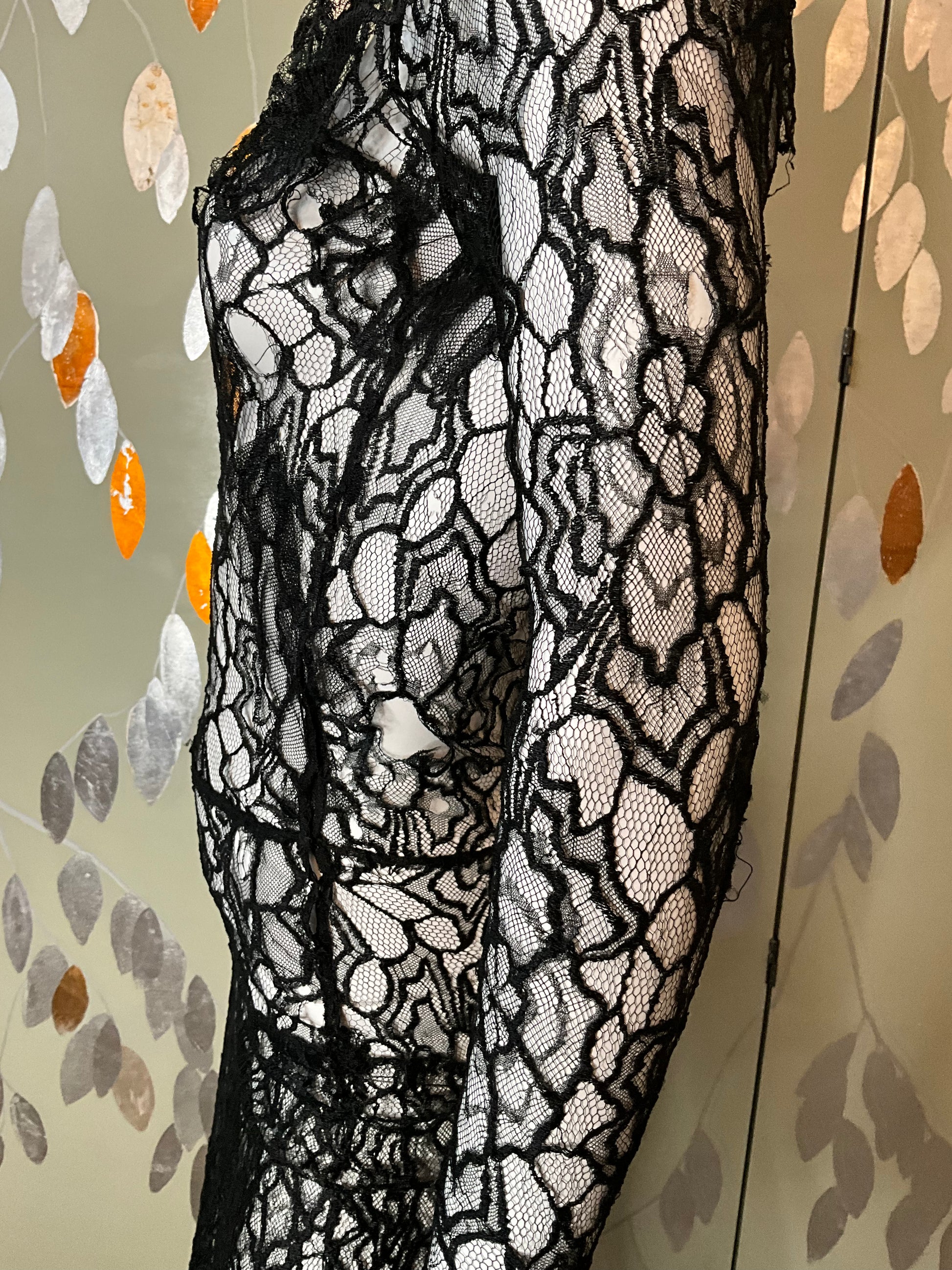 Vintage 1930s Long Sleeve Black Lace Bias Gown, Small