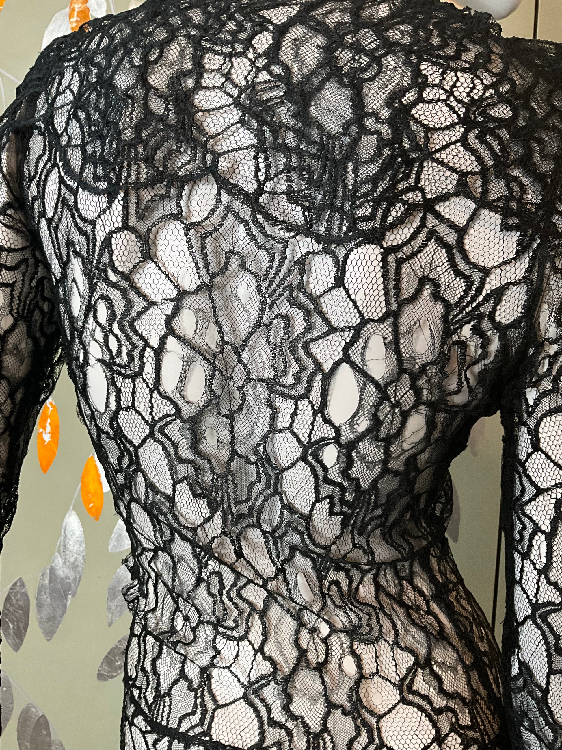 Vintage 1930s Long Sleeve Black Lace Bias Gown, Small