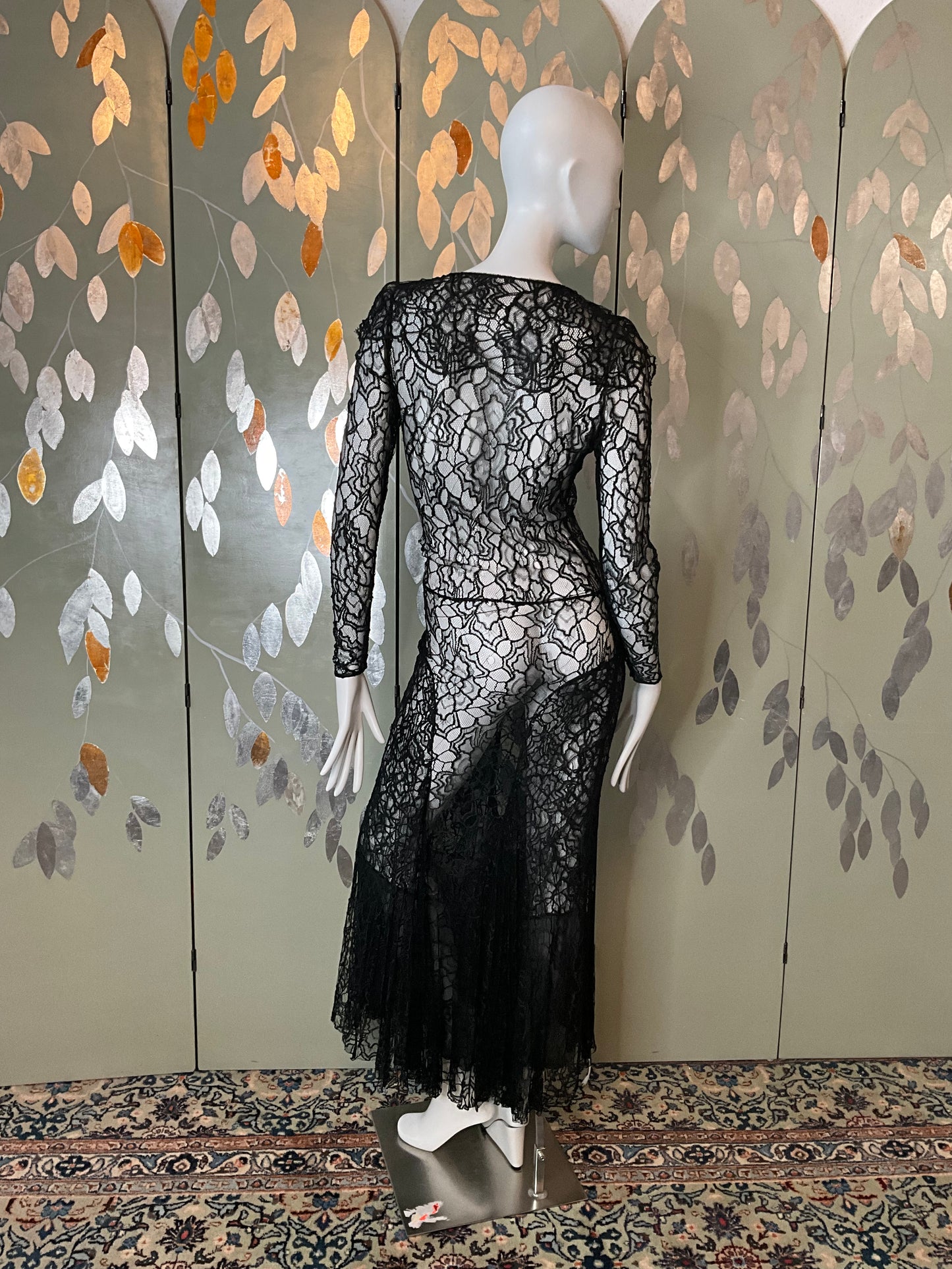 Vintage 1930s Long Sleeve Black Lace Bias Gown, Small