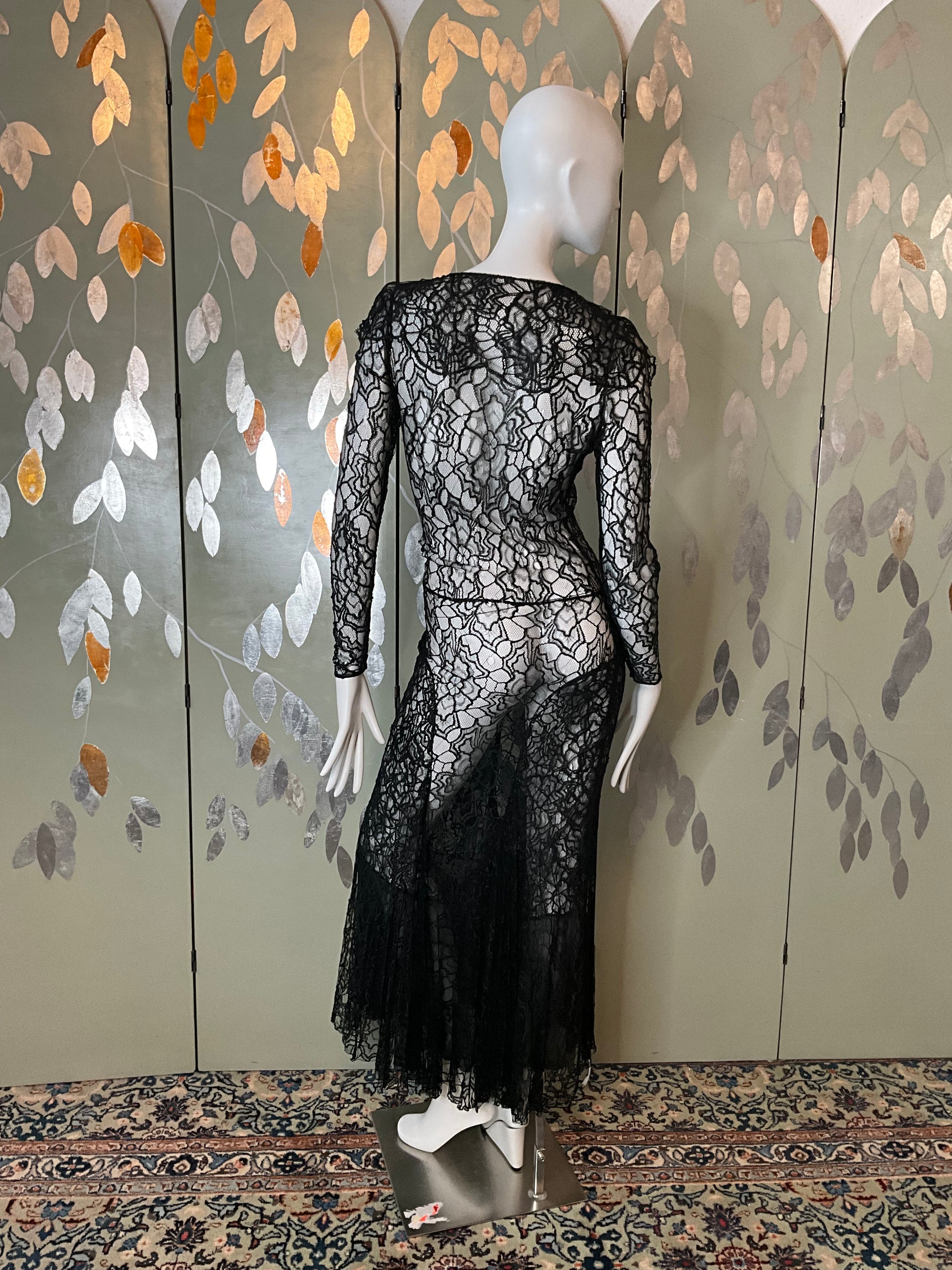 Vintage 1930s Long Sleeve Black Lace Bias Gown, Small