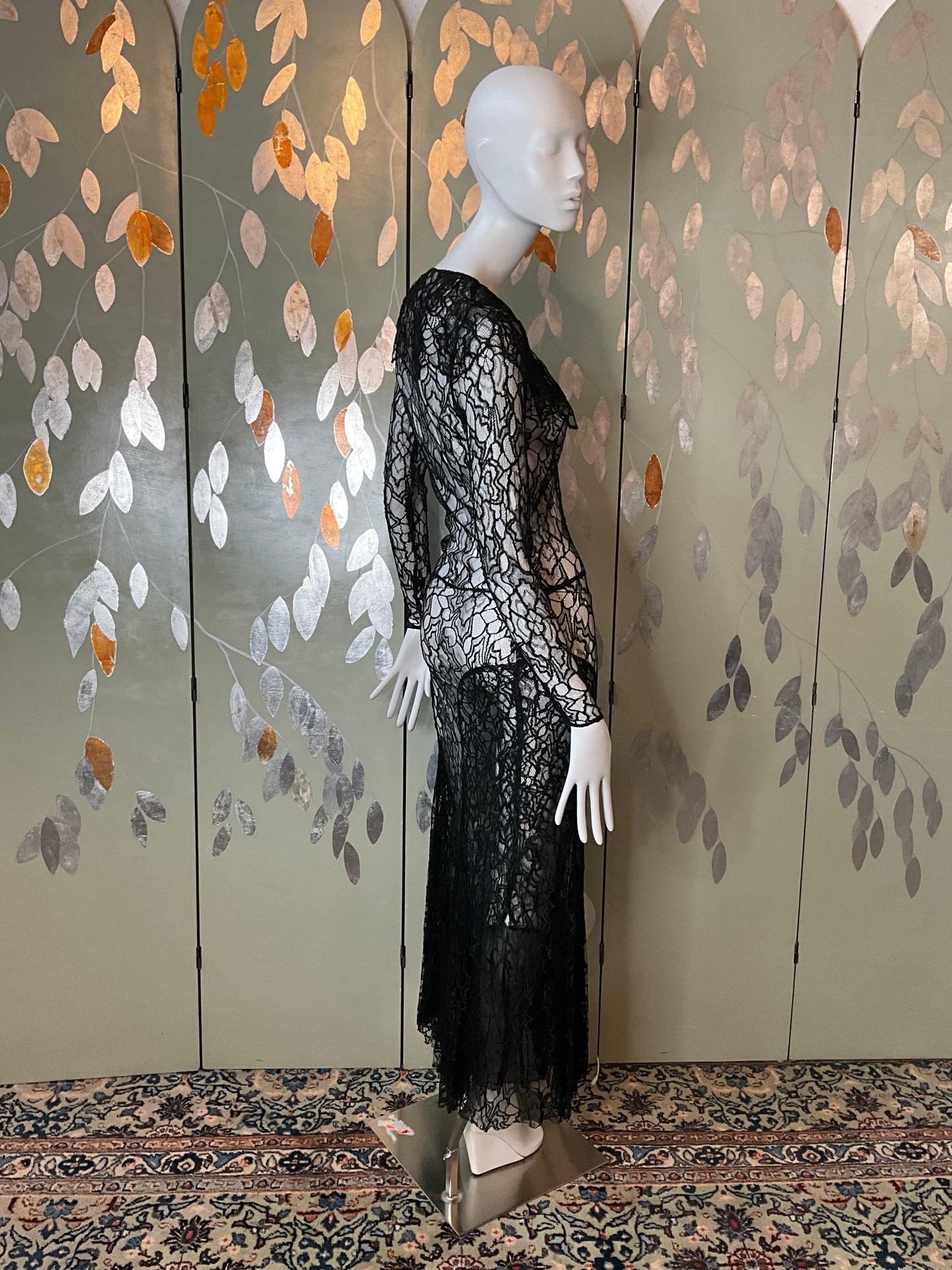 Vintage 1930s Long Sleeve Black Lace Bias Gown, Small