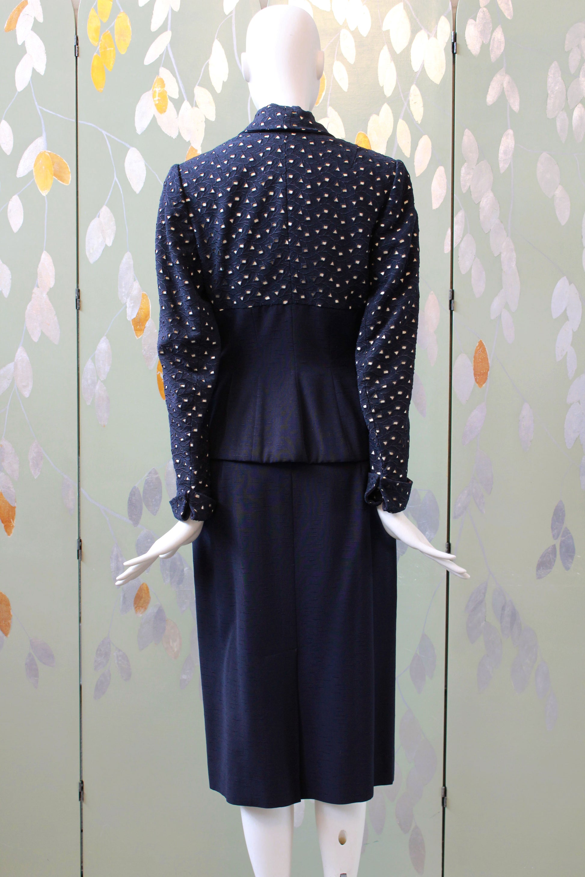 Vintage 1950s Blue Skirt Set With Fitted Eyelet Jacket, Lilly Ann XS