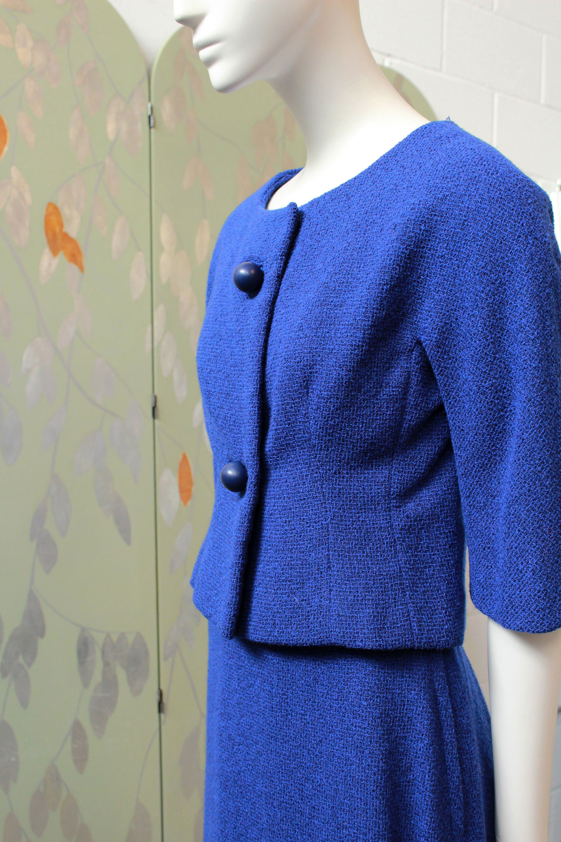 Vintage 1960s Royal Blue Mod Skirt Set With Round Buttons, Small