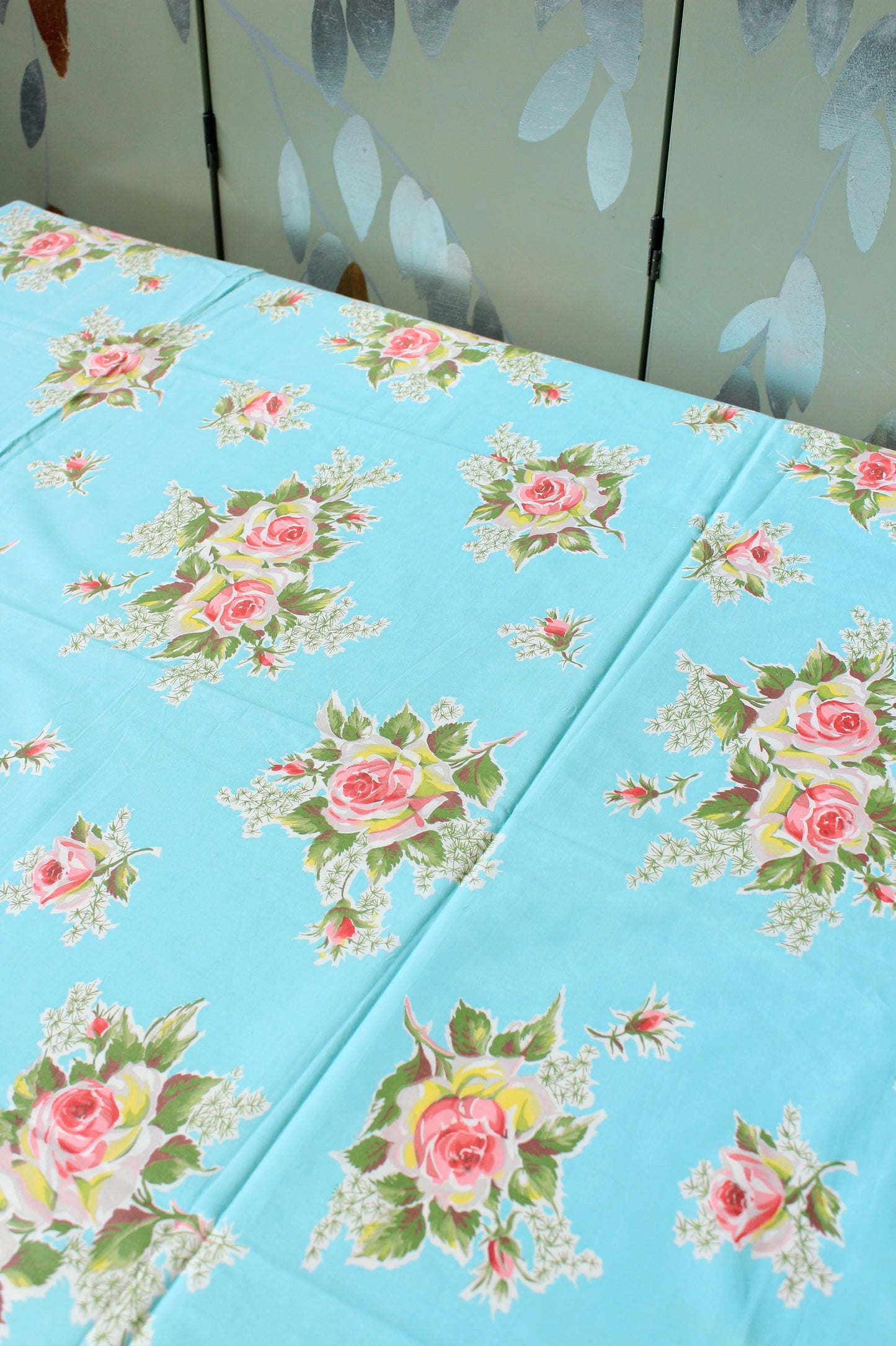 1950s Bright Blue And Romantic Illustrated Floral Cotton Fabric, 3.9 Yards