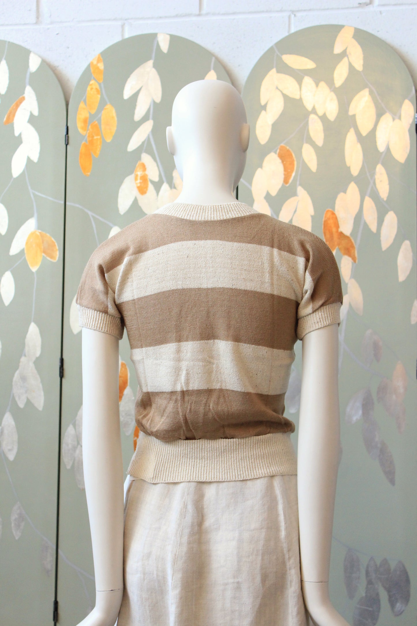 1980s Cream And Taupe Thick Stripe Deadstock Short Sleeve Knit Top, XS