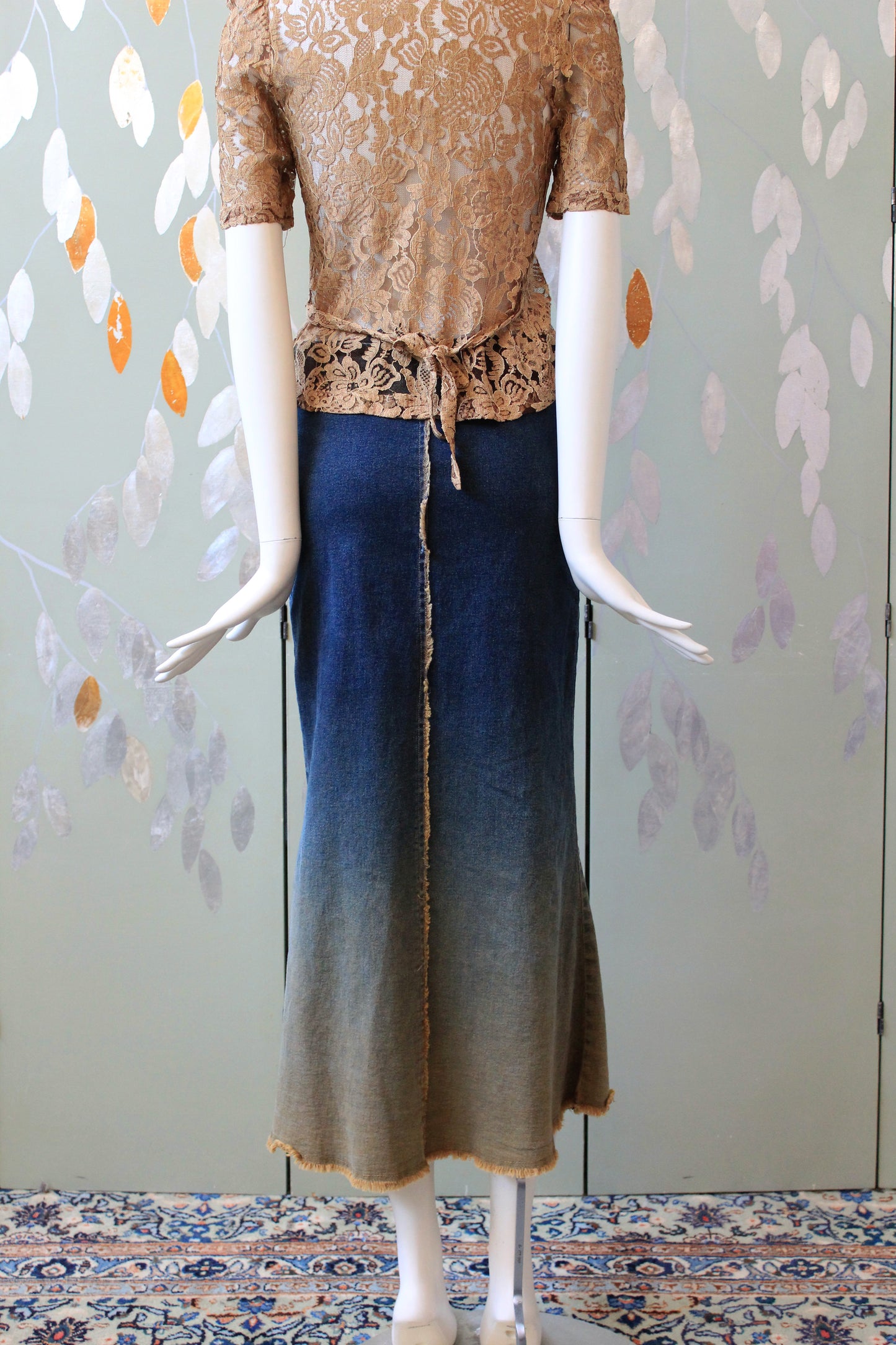 Early 2000s Dark Wash And Beige Ankle Length Skirt, Large