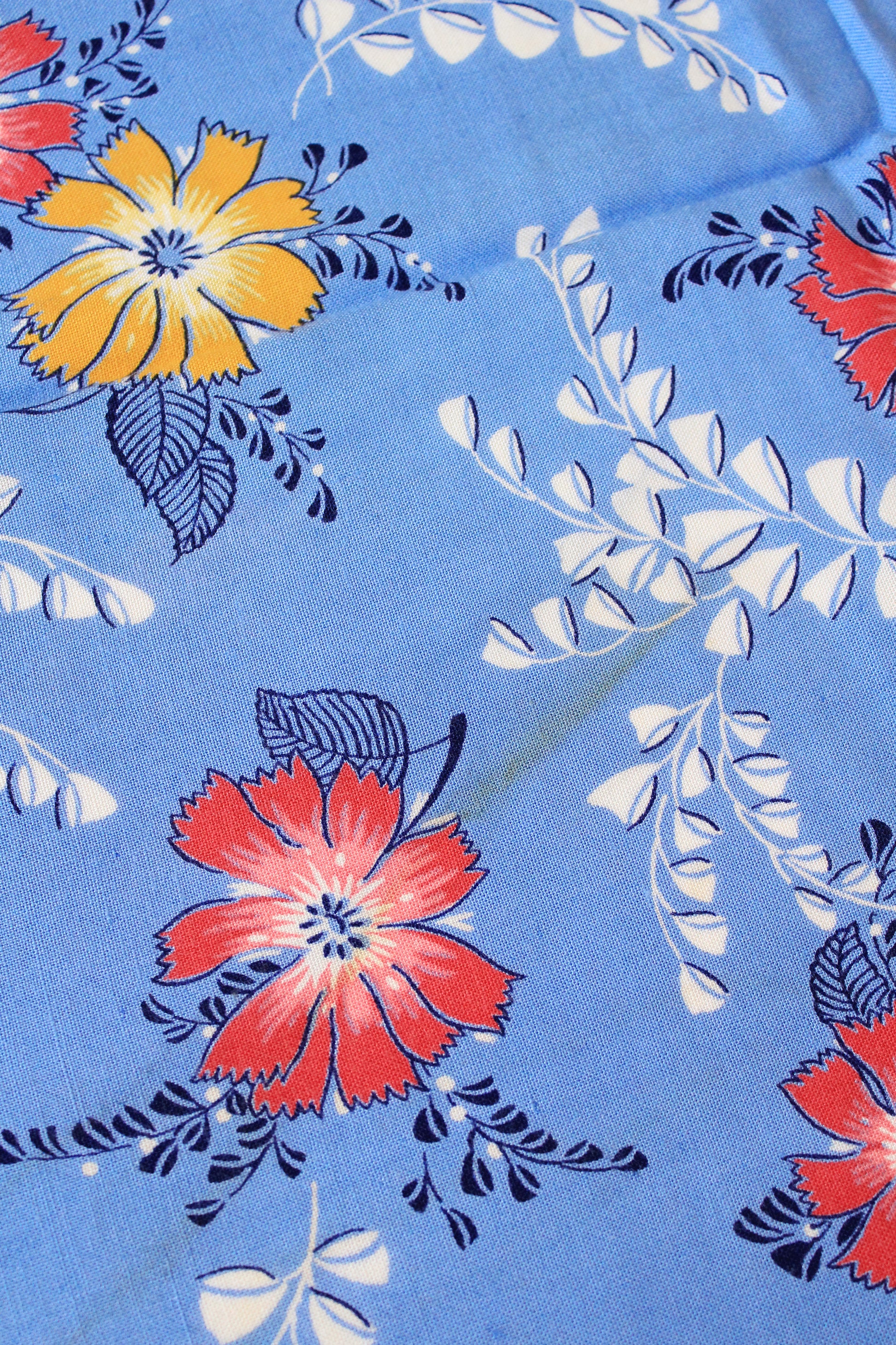 1940s Medium Blue With Red And Yellow Tropical Flowers, Rayon Fabric, 8 Yards