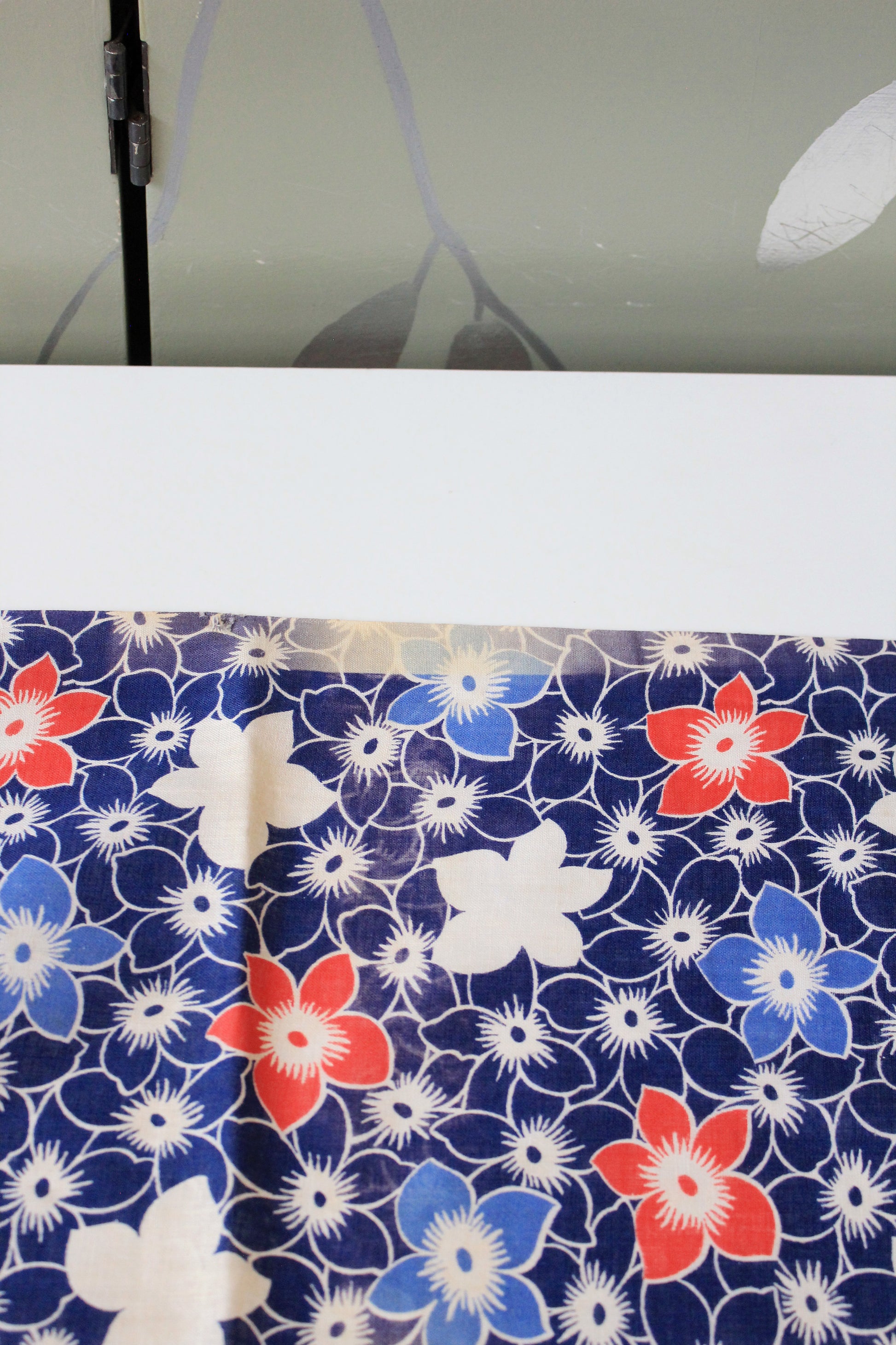 1940s Blue/White/Orange Repeating Flower Cotton Fabric, 6.75 Yards