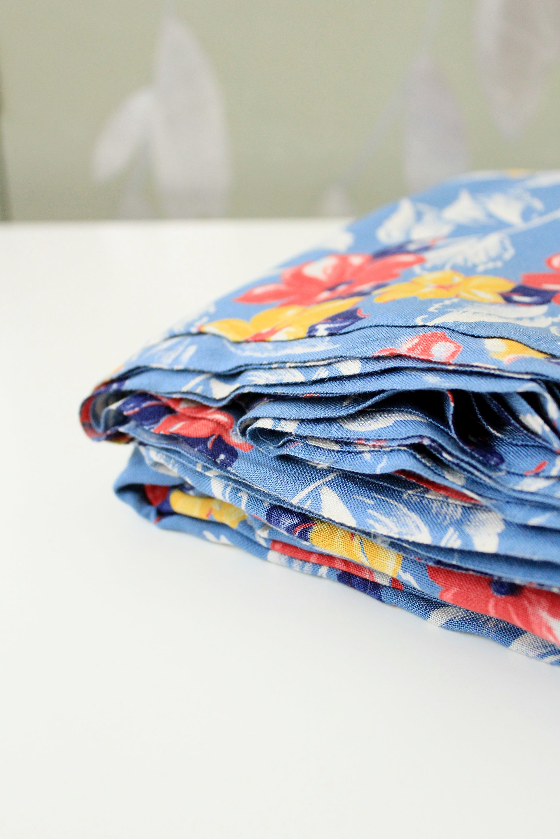 1940s Light Blue Rayon Fabric With Red And Yellow Tropical Flowers, 6.5 Yards