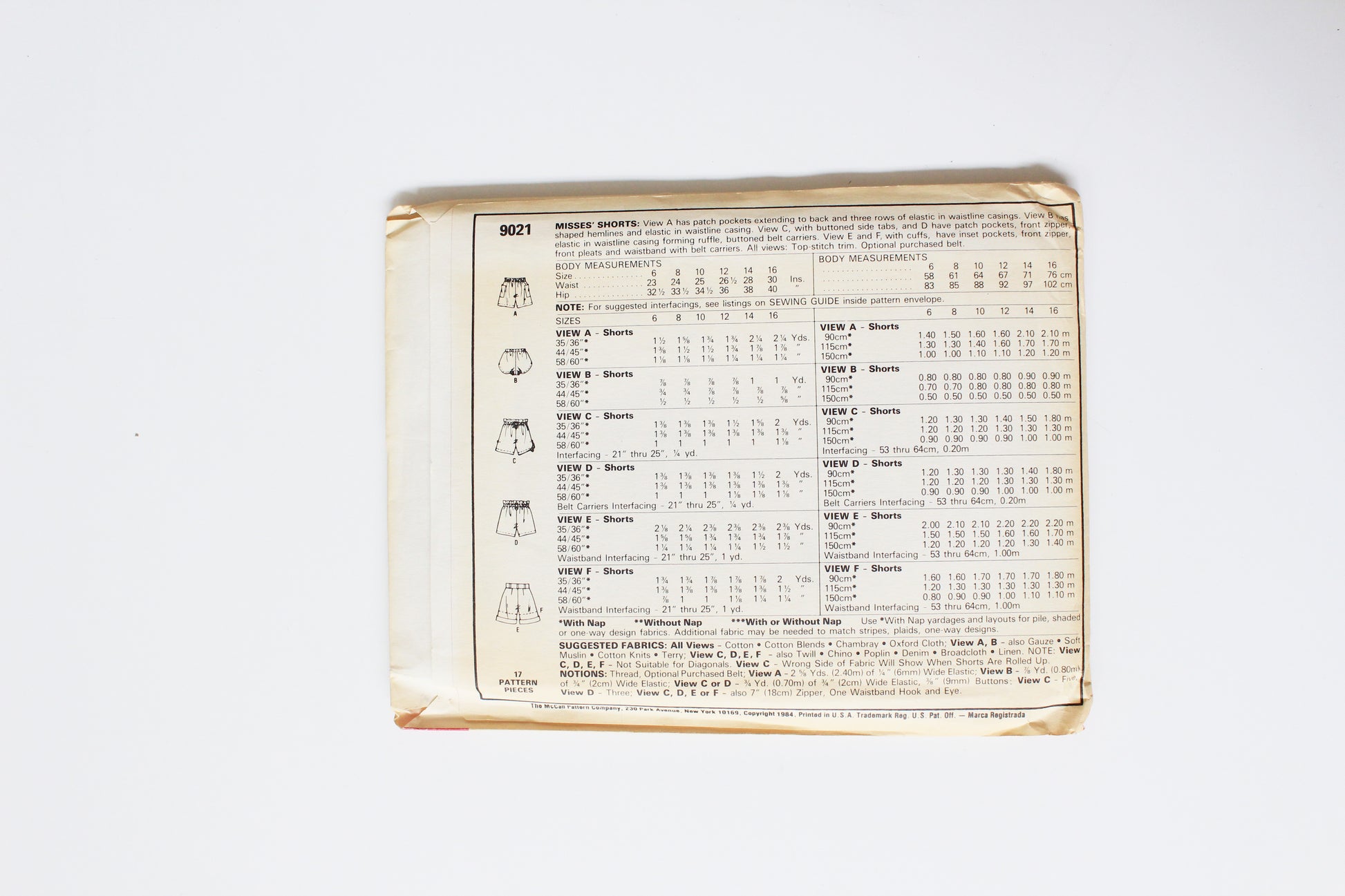 1980s Various Shorts McCall's 9021 Sewing Pattern, Uncut Size 16